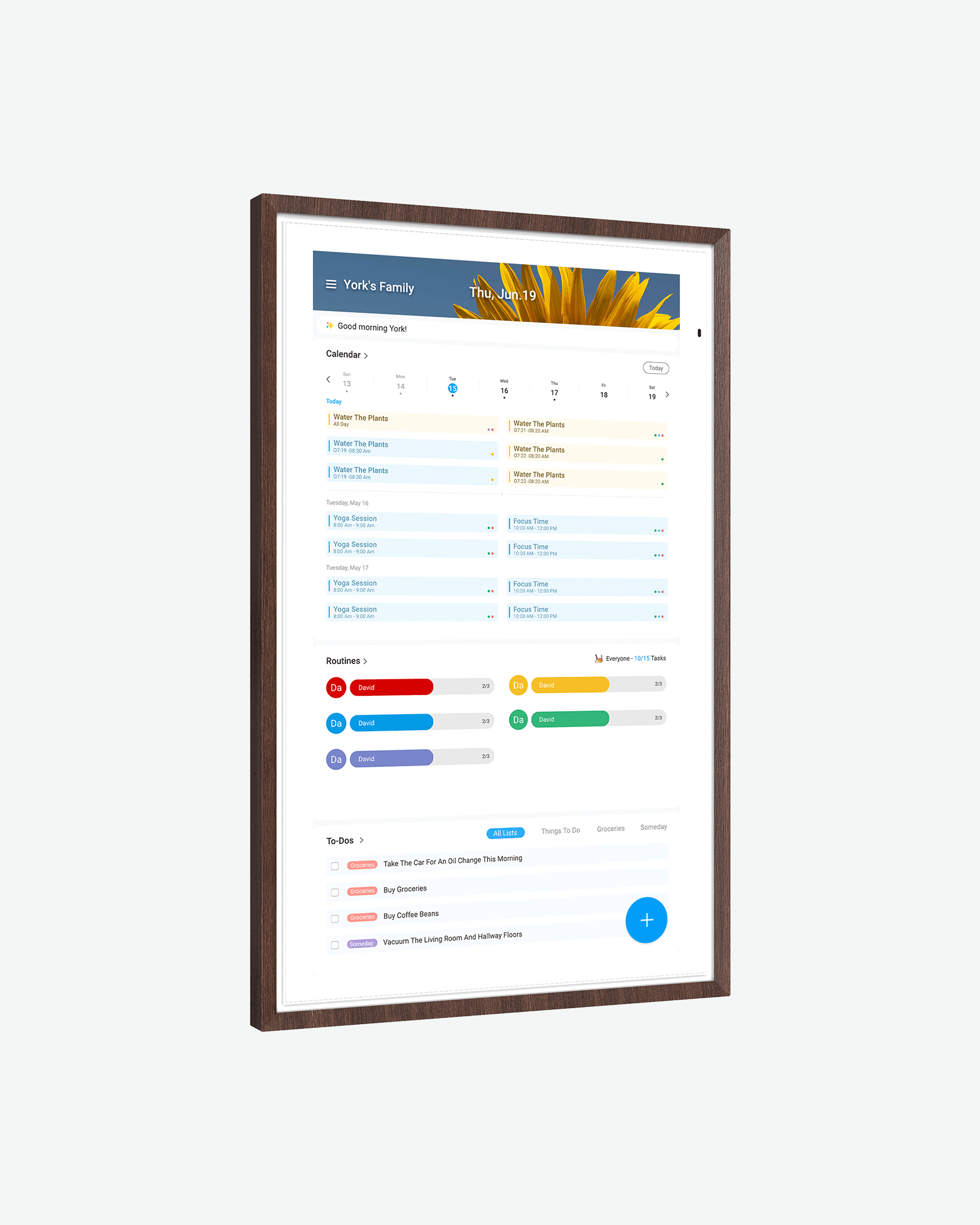 Apolosign 27" 4K calendar interface with sunflower background, showing family schedule, routines, and to-do list.