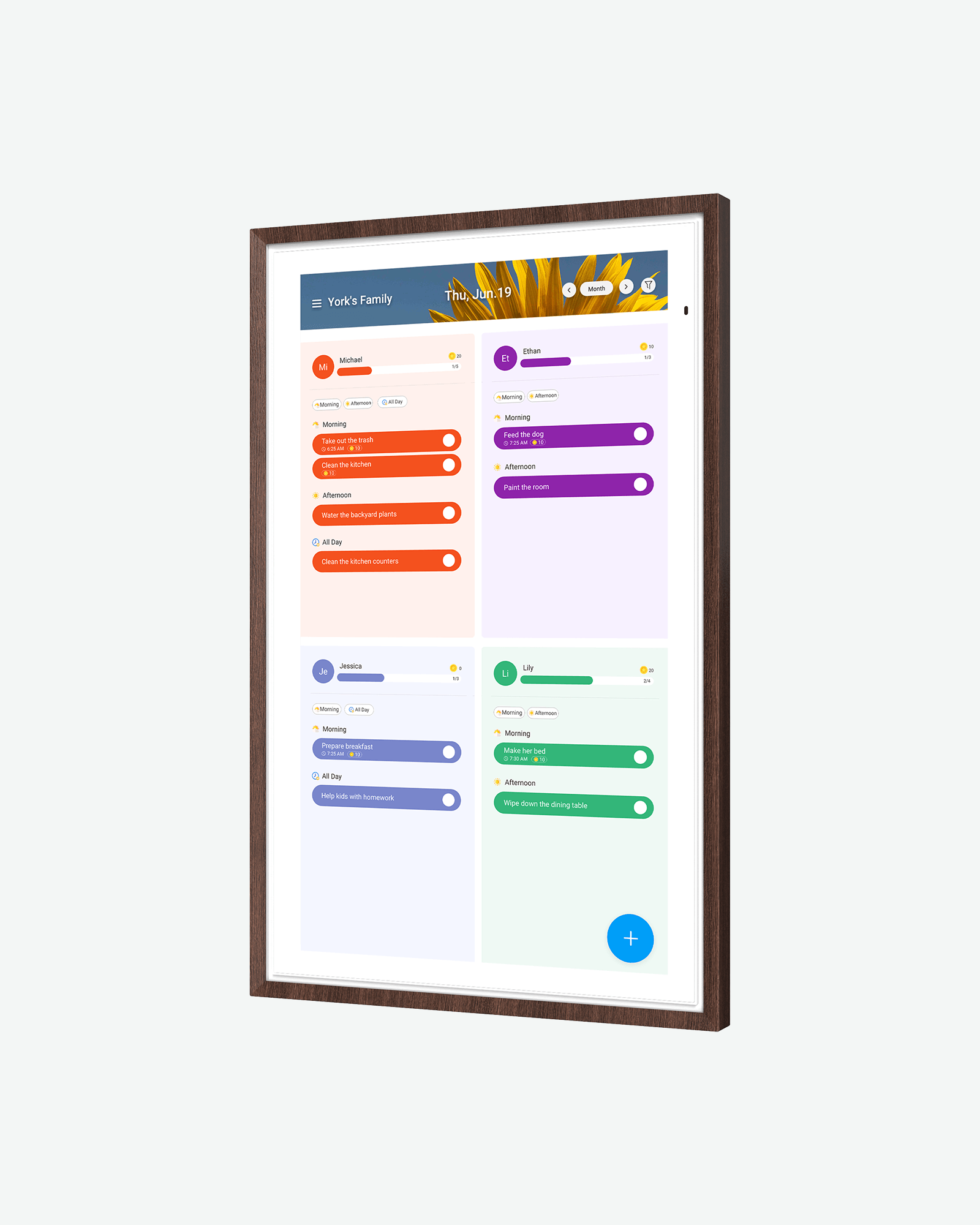 Apolosign 27" 4K digital calendar clock showing 'York's Family' schedule, with a sunflower background and Michael & Gillian's tasks.