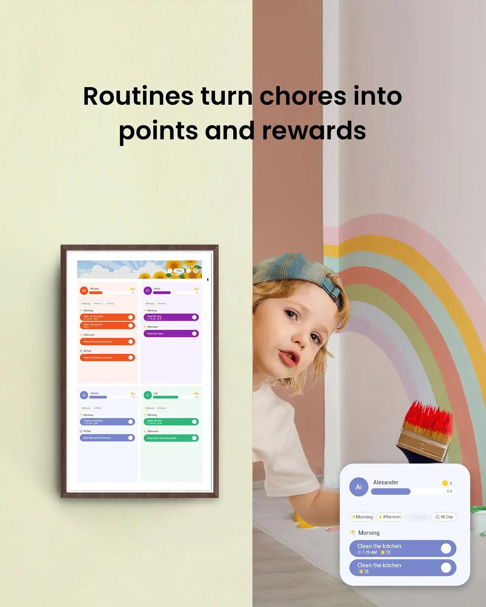 Apolosign 27" 4K digital calendar chore list with assigned tasks and points, child painting rainbow.