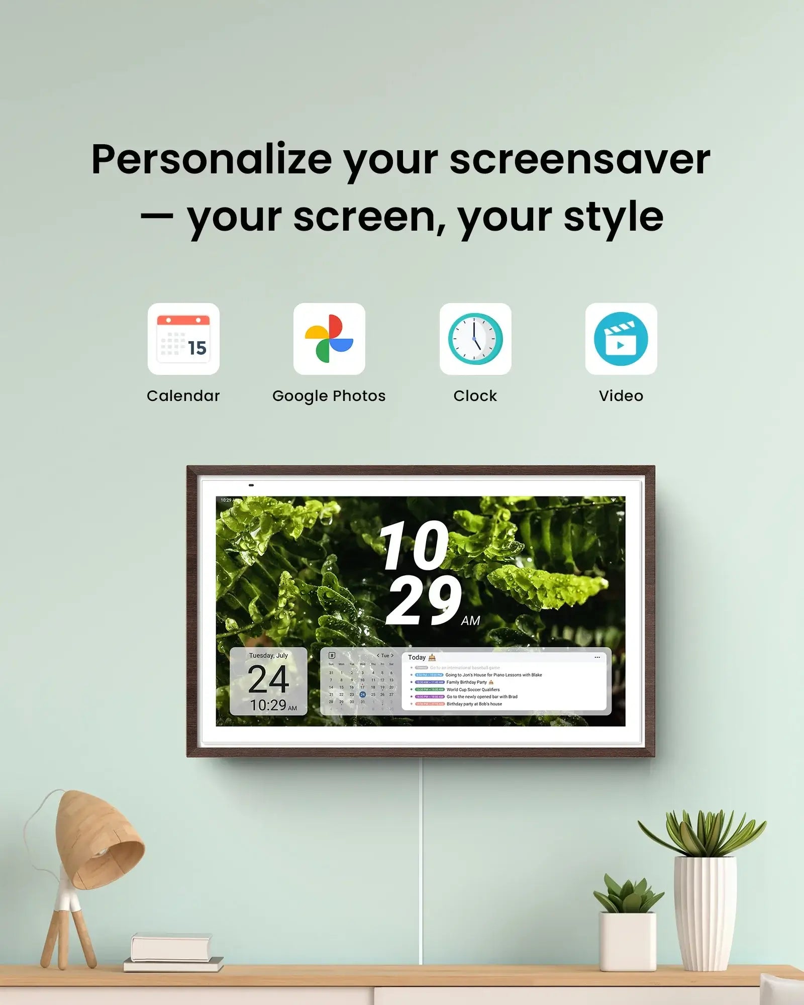 Apolosign 27" 4K digital calendar showing date, time, and today's events with customizable screensaver and widget options.
