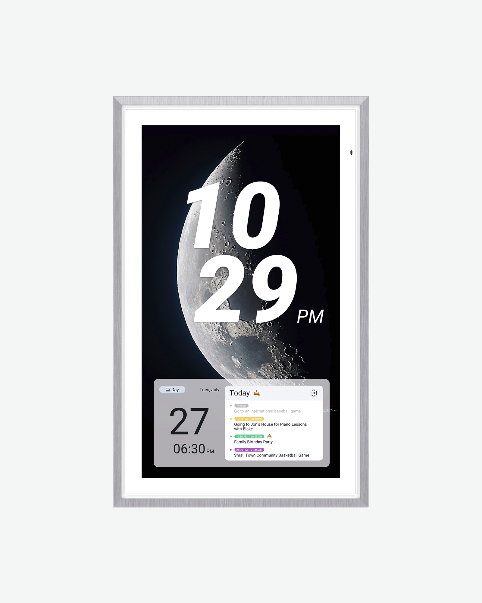 Apolosign 27" digital calendar clock, a day clock, showing time, date, and today's events on a moon background.