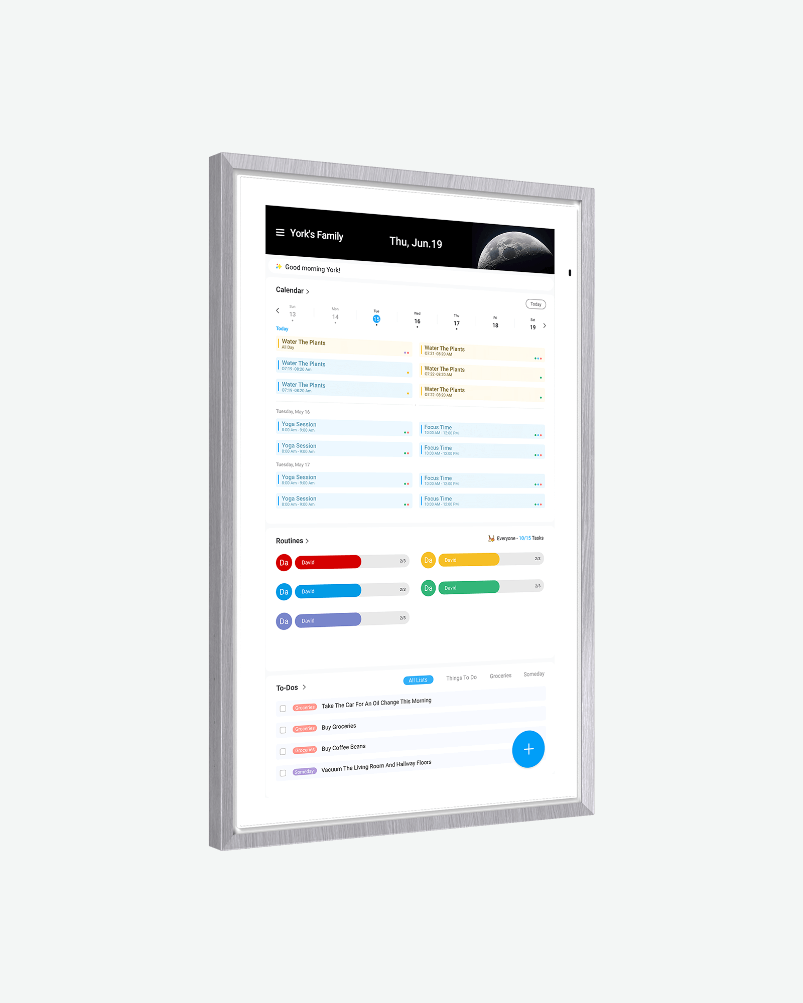 Apolosign 27" digital calendar displaying family schedule, routines, and to-do list on silver-framed screen.