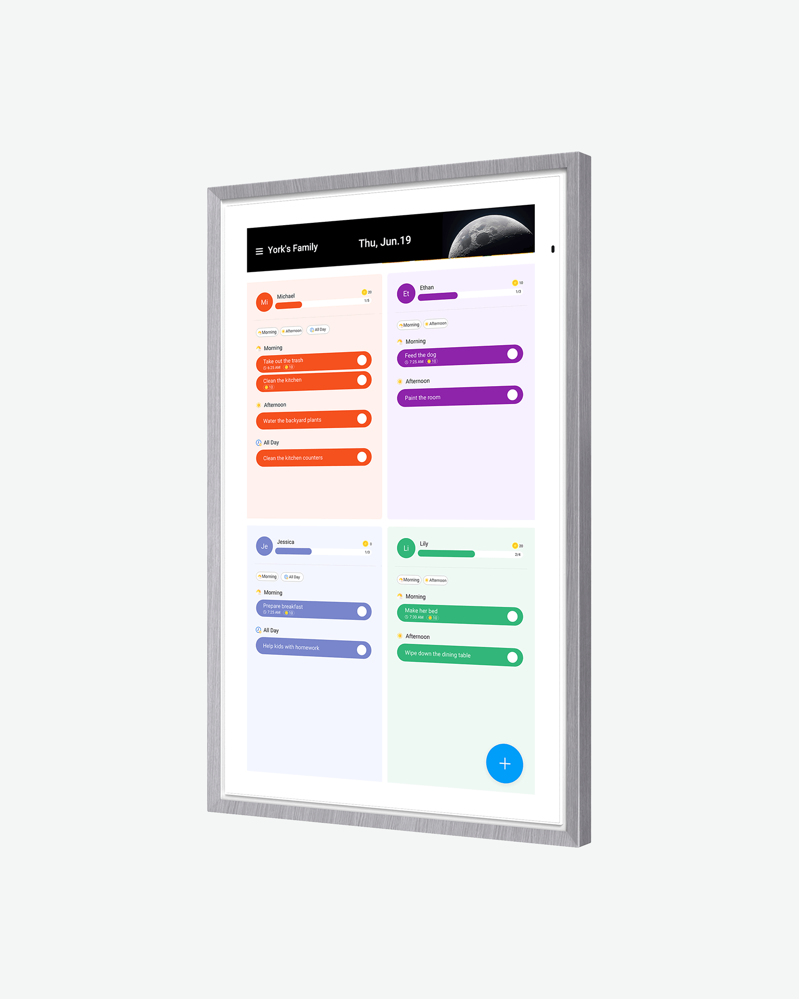 Apolosign 27" digital calendar showing family schedule, tasks, and a custom photo display.