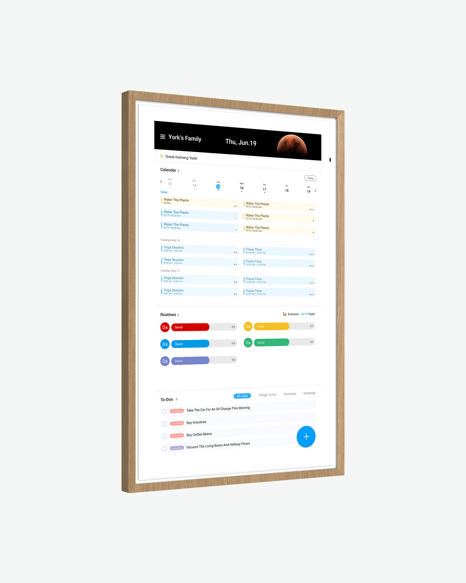 Apolosign 27" digital calendar displays York's Family schedule with calendar, routines, and to-do lists.