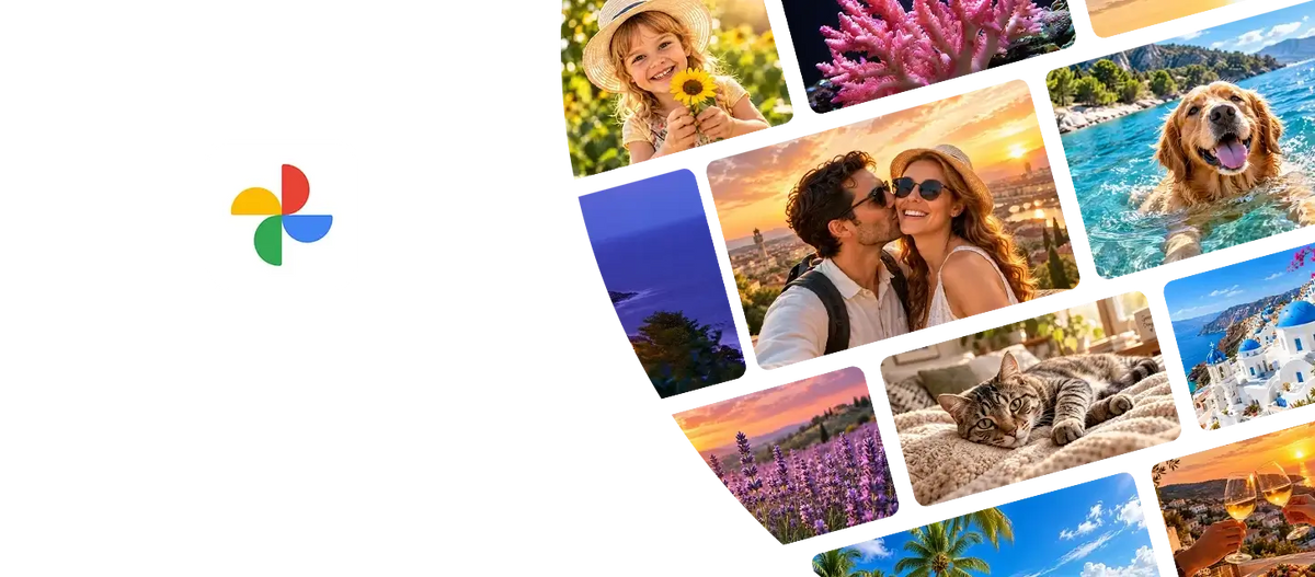 Apolosign photo screensaver showing a portrait with date and schedule overlays, surrounded by family and pet photos.