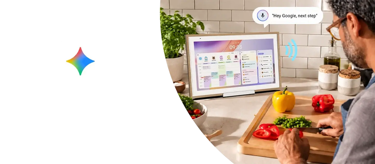 Man preparing food beside an Apolosign digital calendar, using a Hey Google voice command while cooking.