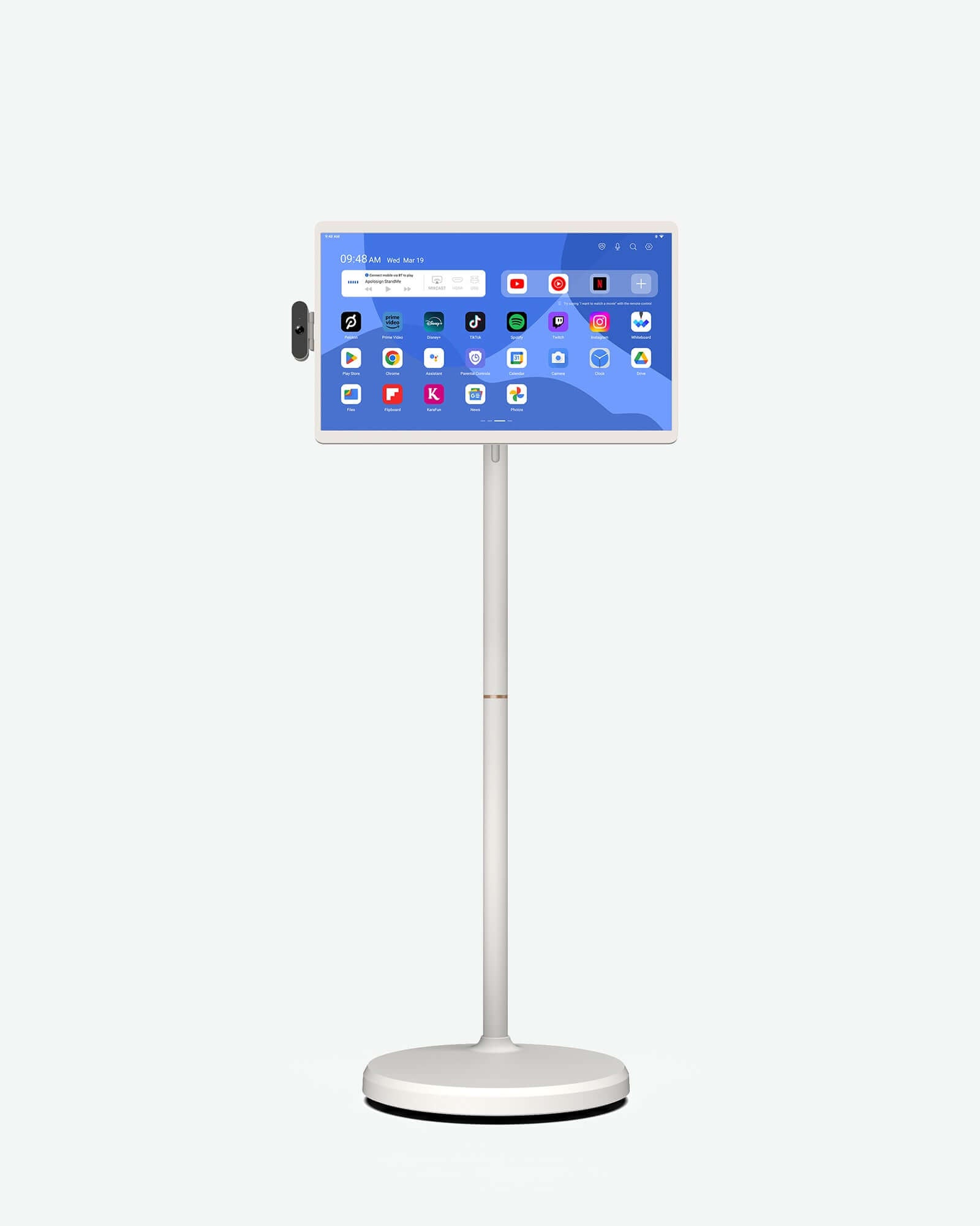 Apolosign 24" smart portable TV on a stand with app icons displayed on screen.