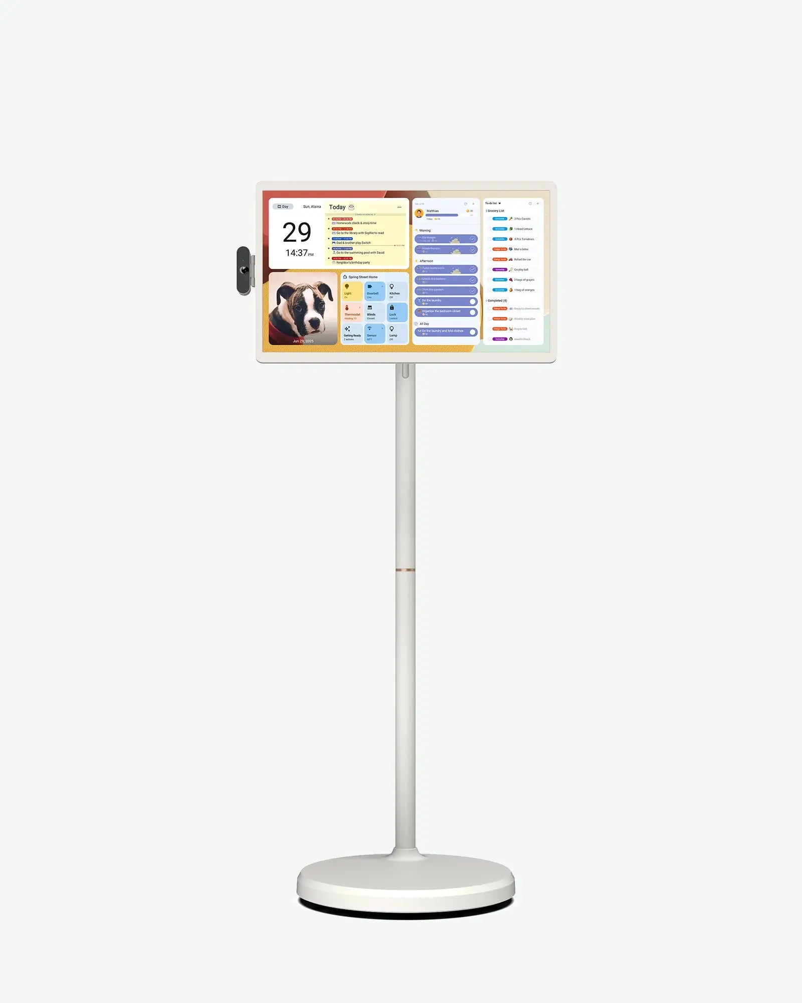 Apolosign 24" smart portable TV on a stand, displaying a family dashboard with calendar and apps. Detachable camera included.