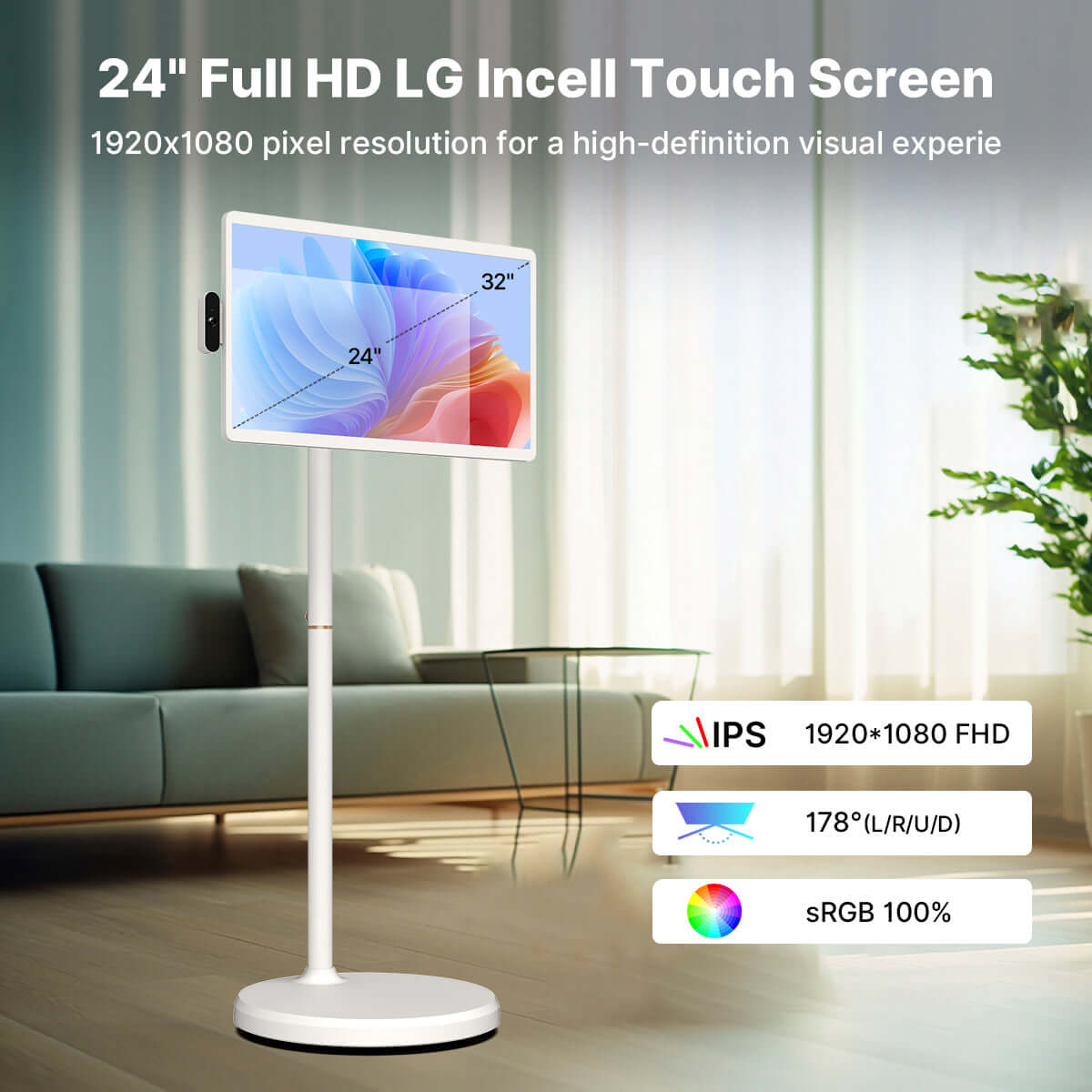 Apolosign 24" Smart  Portable TV on wheels – Battery Powered Android TV Stanbyme 24" Full HD LG Incell Touch Screen TV showcasing 1920x1080 resolution for immersive viewing experience.