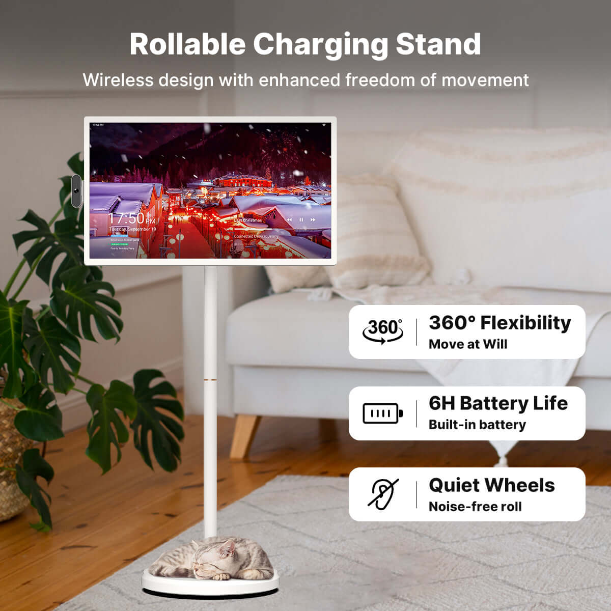 Apolosign 24" Smart  Portable TV on wheels – Battery Powered Android TV Stanbyme Rollable charging stand with 360° flexibility, quiet wheels, and 6-hour battery life for convenient use.