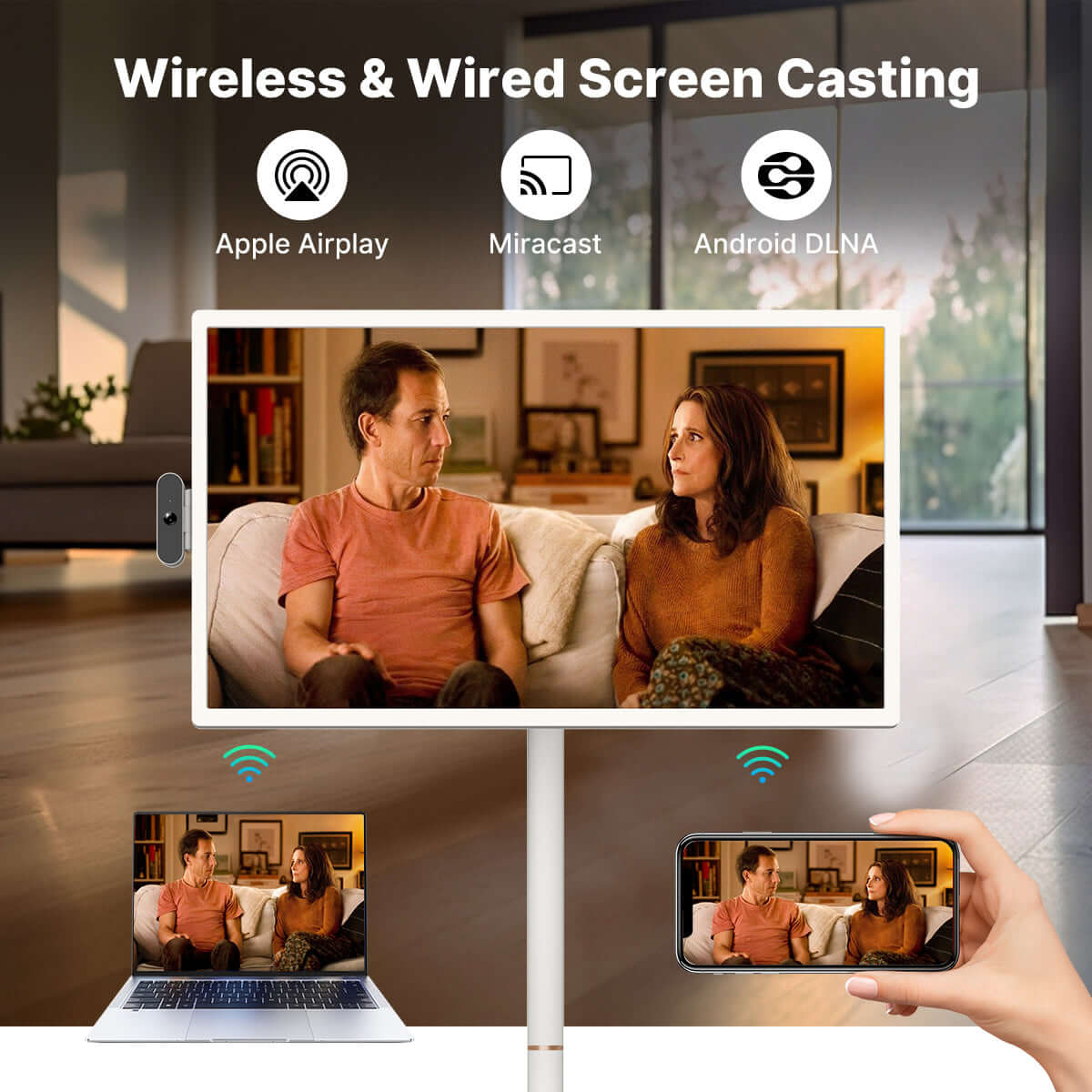 Apolosign 24" Smart  Portable TV on wheels – Battery Powered Android TV Stanbyme Wireless and wired screen casting features with Apple Airplay, Miracast, and Android DLNA on a portable TV.