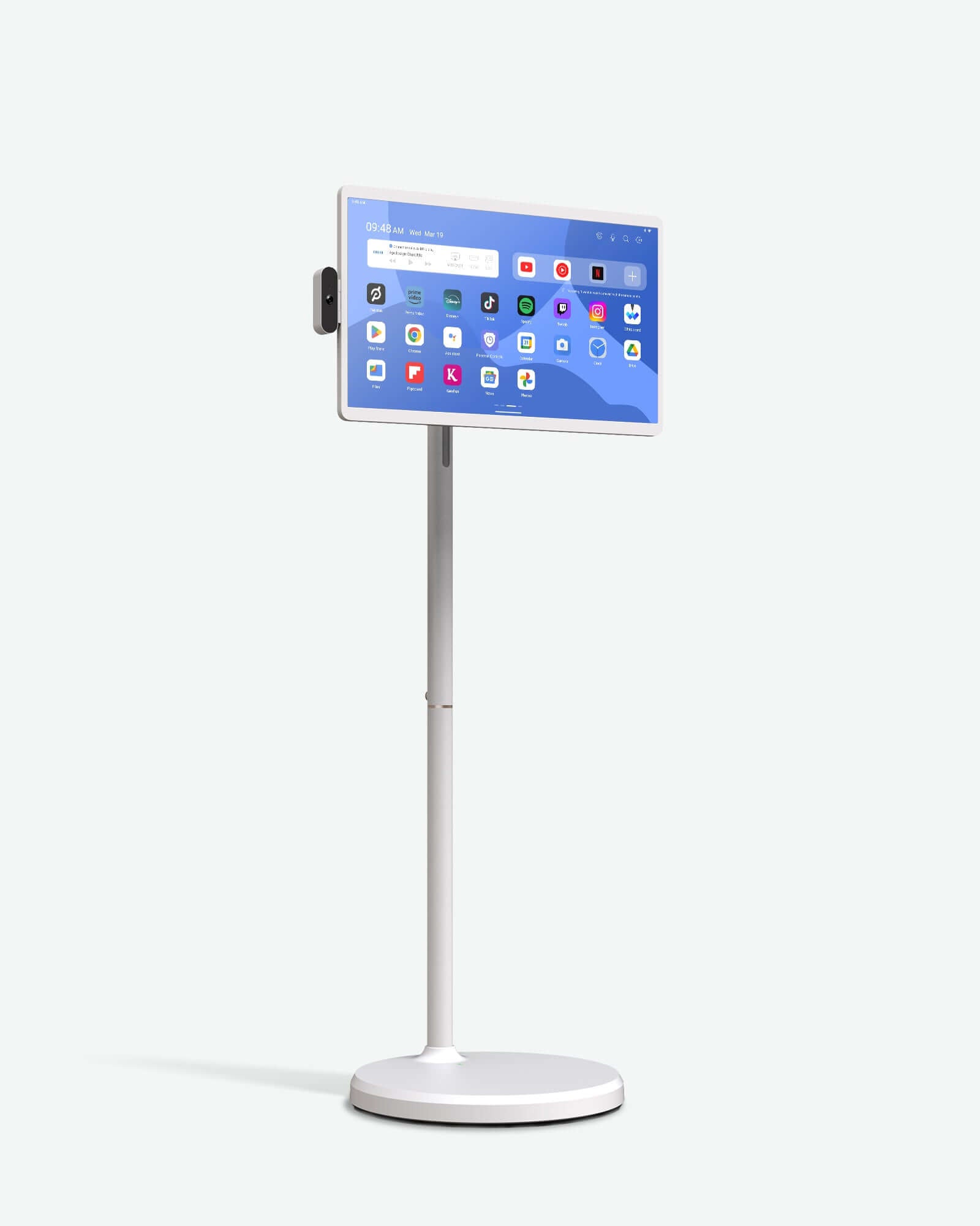 Apolosign 24" smart portable TV with FHD touch screen on an adjustable white stand displaying app icons.