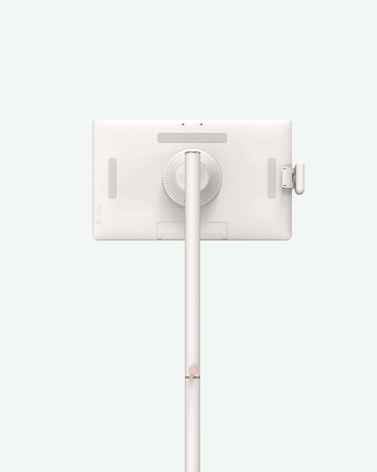 Apolosign 24-inch smart TV rear view on white adjustable stand, showing mount and connection ports for portability.