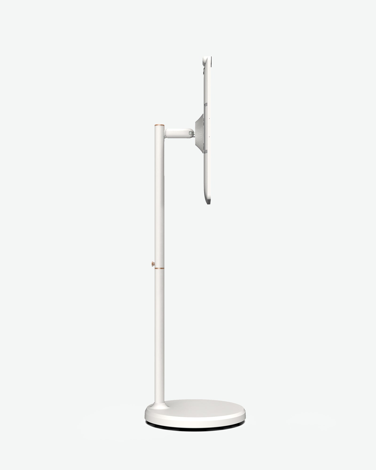 Apolosign 24 inch portable smart TV on adjustable white floor stand, side view.