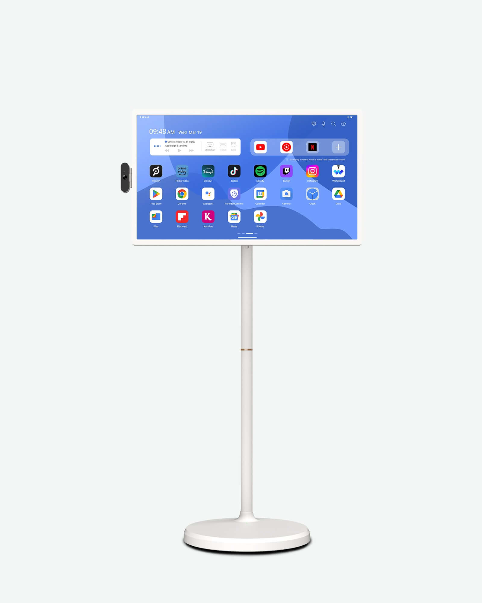 Apolosign 32" smart portable TV on stand, displaying app interface.