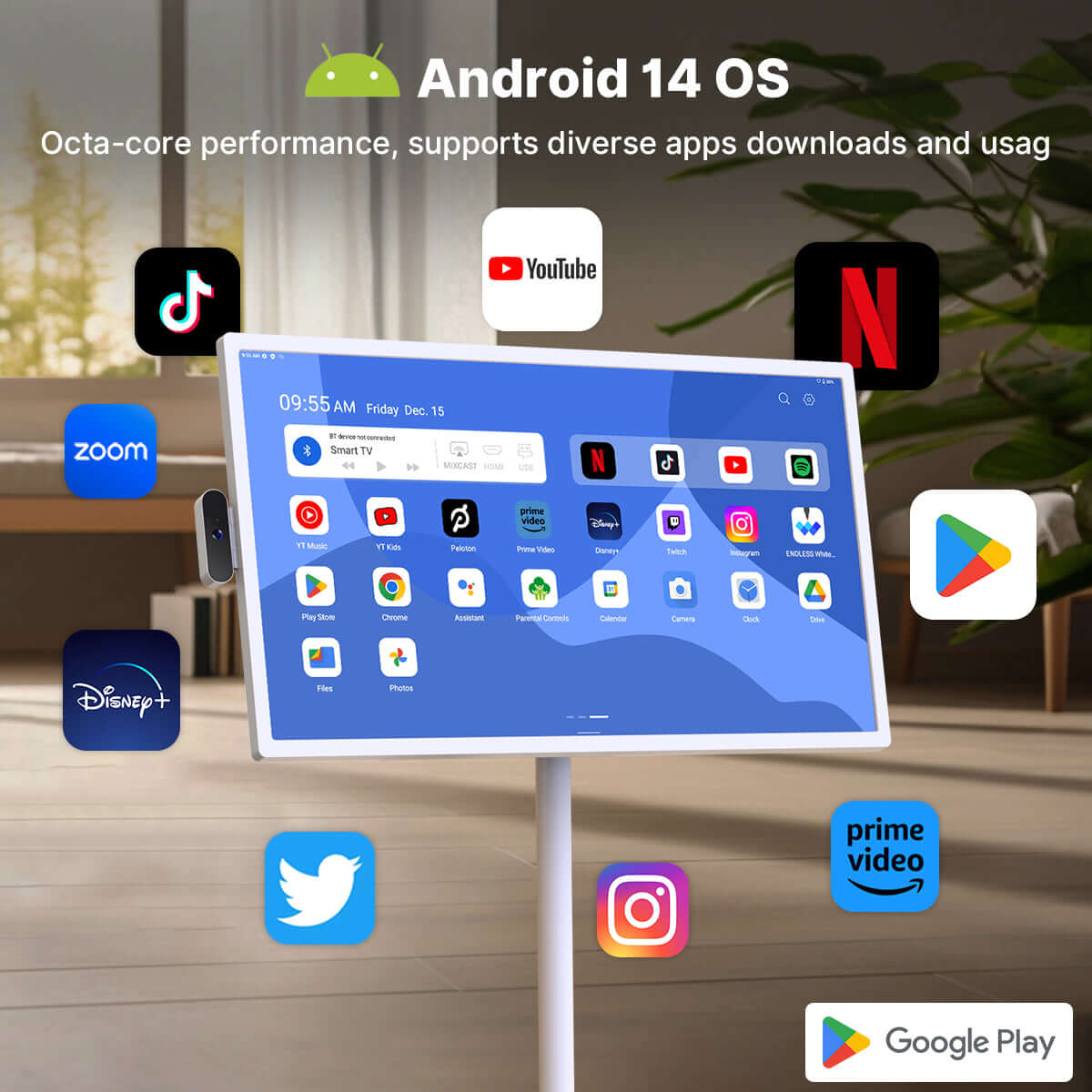 Apolosign 32" Smart Portable TV showcasing Android 15 OS with various app icons like Netflix, YouTube, and Zoom.