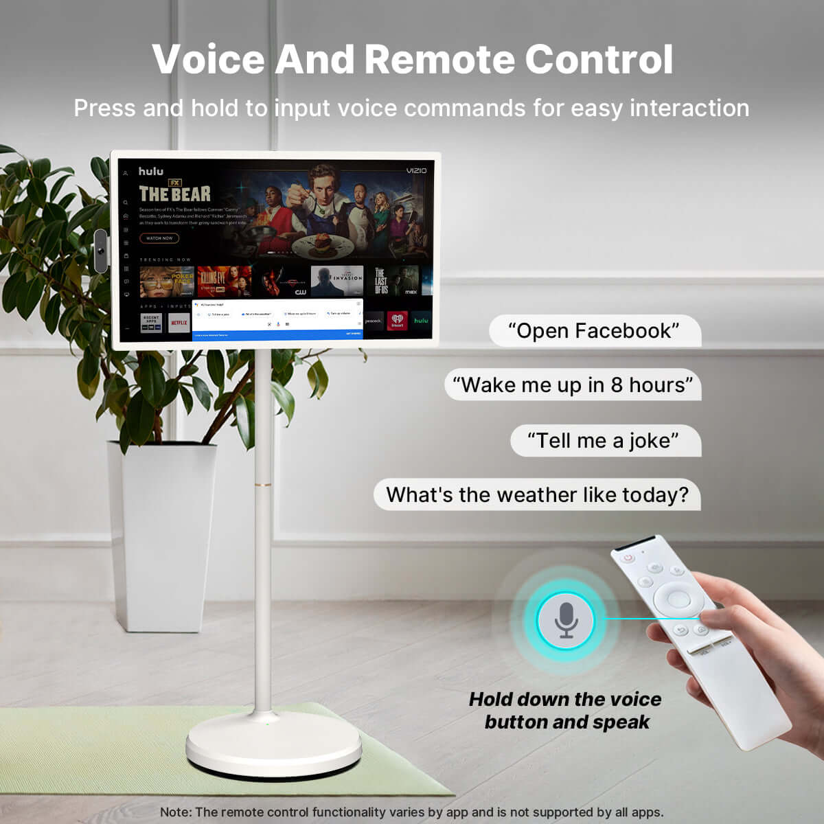 Apolosign 32" 4K Smart portable tv on wheels – StandMe Android TV. Voice control features of a smart TV, showcasing remote commands and ease of interaction.