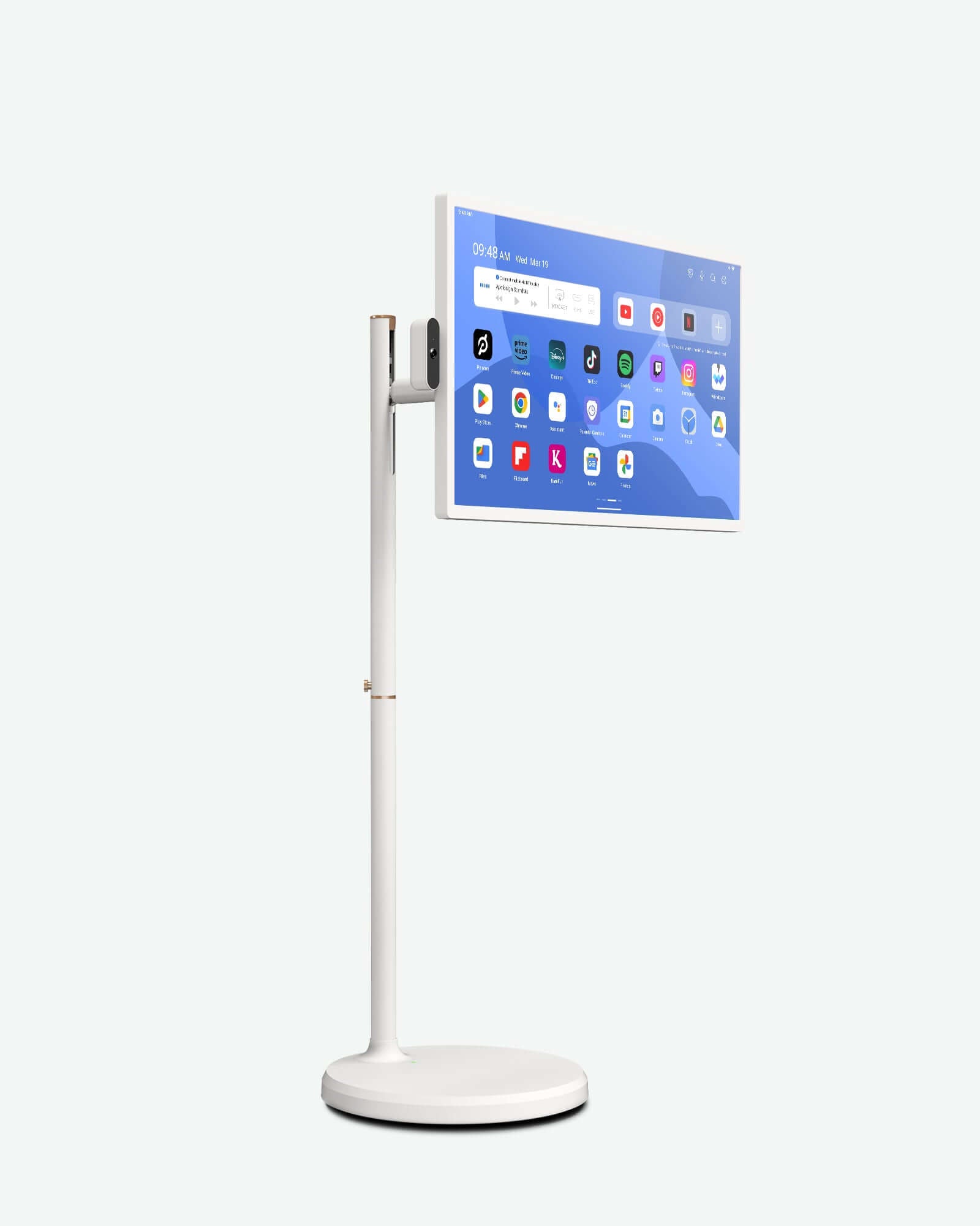 White 32-inch Apolosign smart portable TV on stand, showing app icons like Netflix and Spotify on screen.