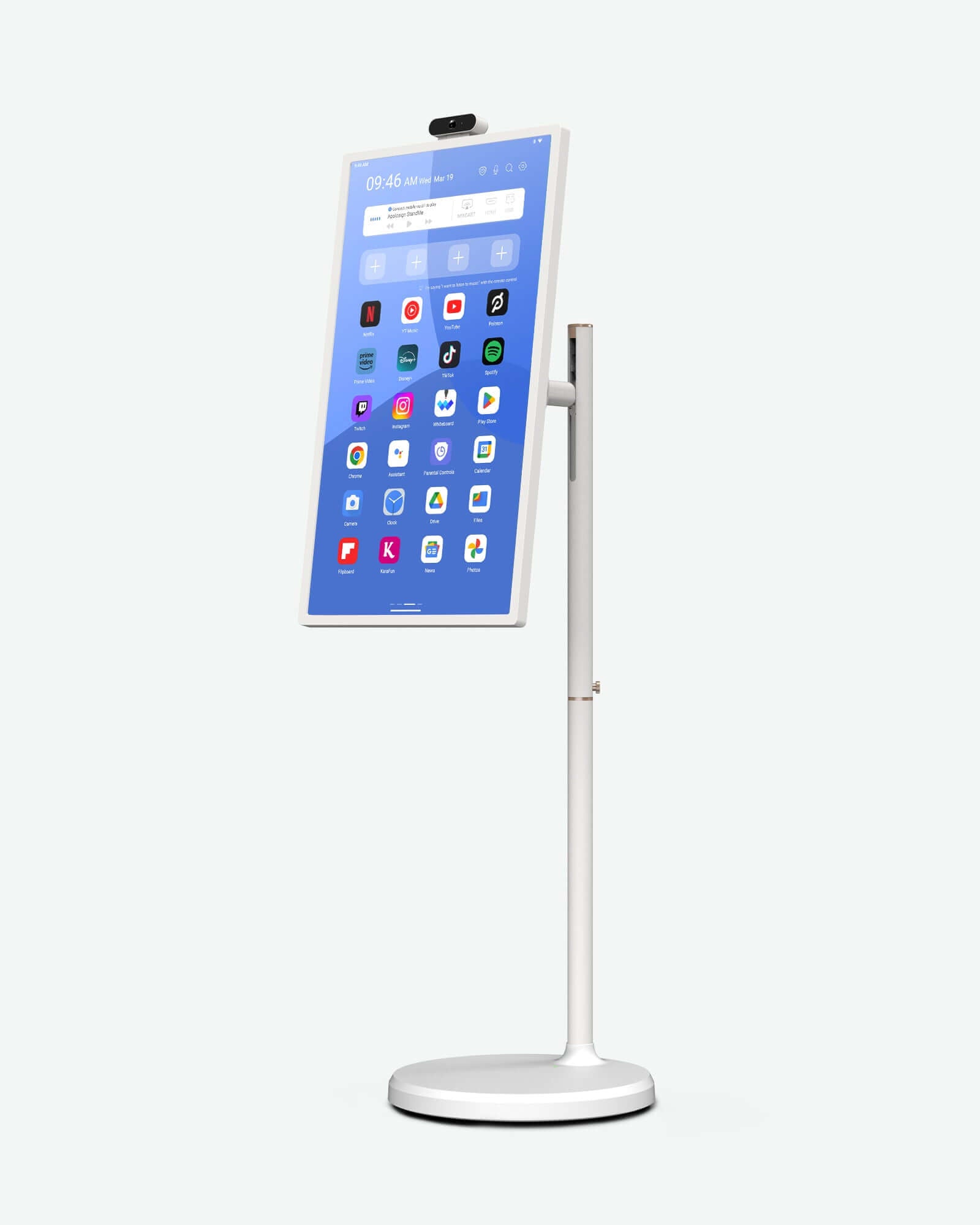 White Apolosign 32-inch smart portable TV on stand, vertical screen with app icons.