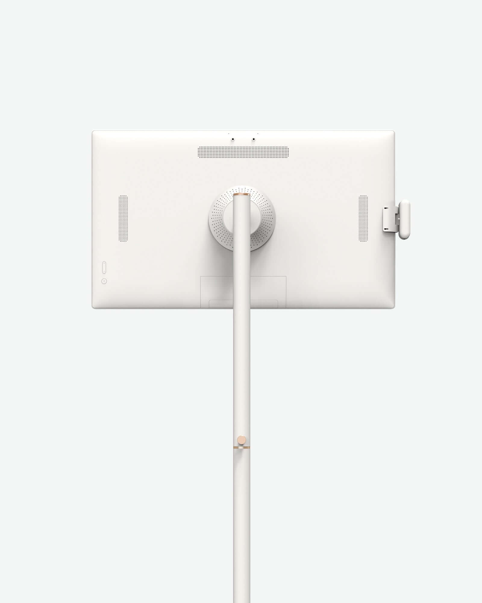 Apolosign 32 inch smart portable TV rear view on adjustable stand showing ports and speaker grille. Product design.