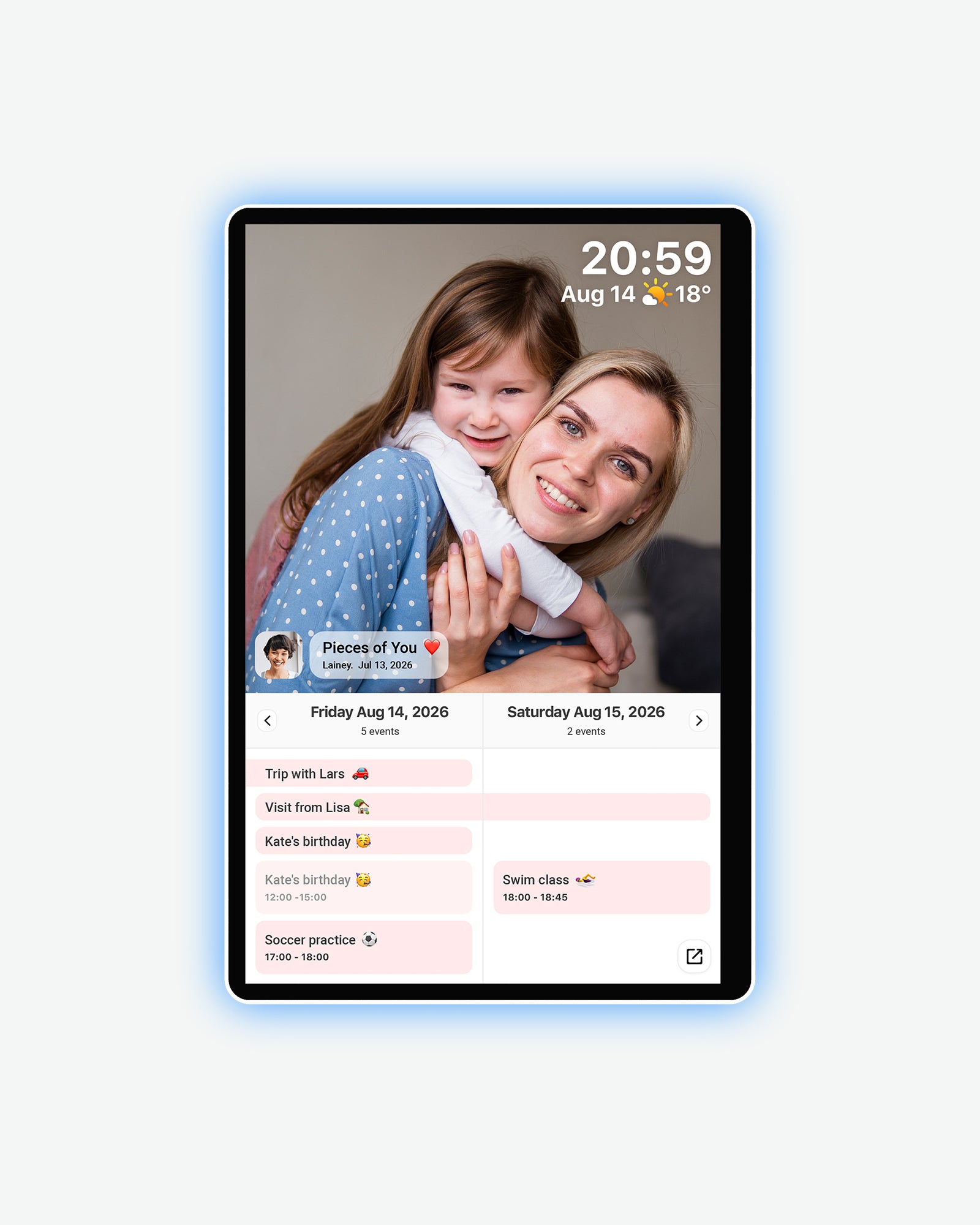 Apolosign 14.1-inch Neon Light Digital Photo Frame keeps your loved ones close by displaying shared family photos, heartfelt messages, time, and temperature in one beautiful frame.