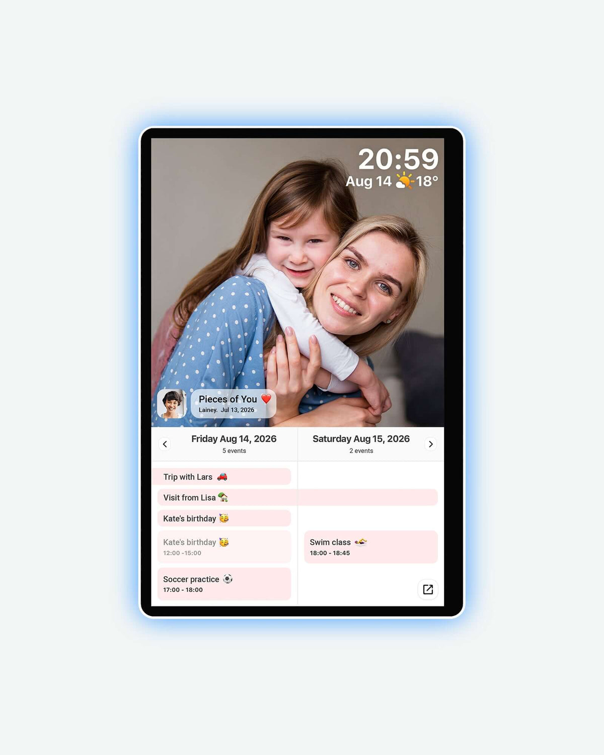 Blue-glow neon frame showing a mother and daughter photo above a family calendar