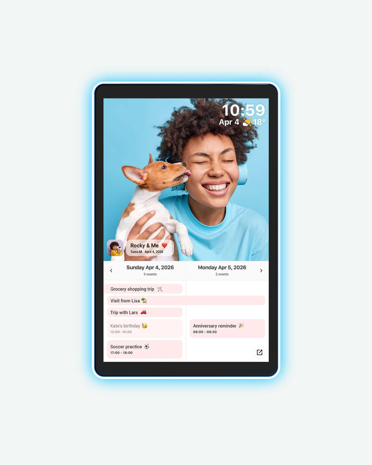 Apolosign 10.1" Neon Light Digital Photo Frame displaying a smiling person with a dog and a family calendar.