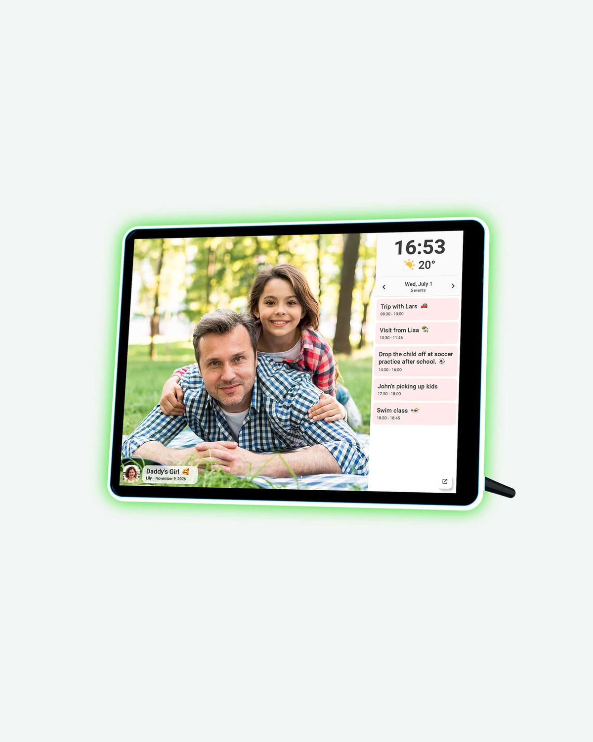 Green-glow 2K neon frame on its stand with a father-daughter photo and daily agenda