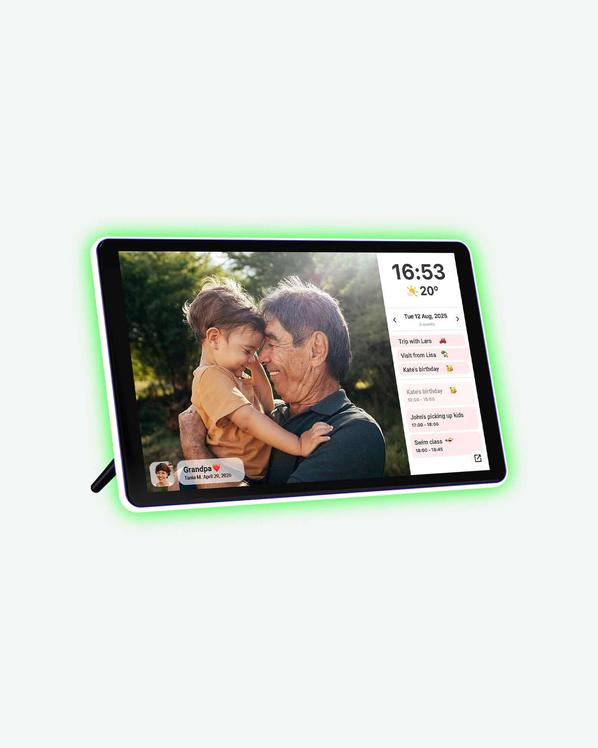 Apolosign 10.1" Neon Light Digital Photo Frame showcasing a family moment with clock and calendar features.