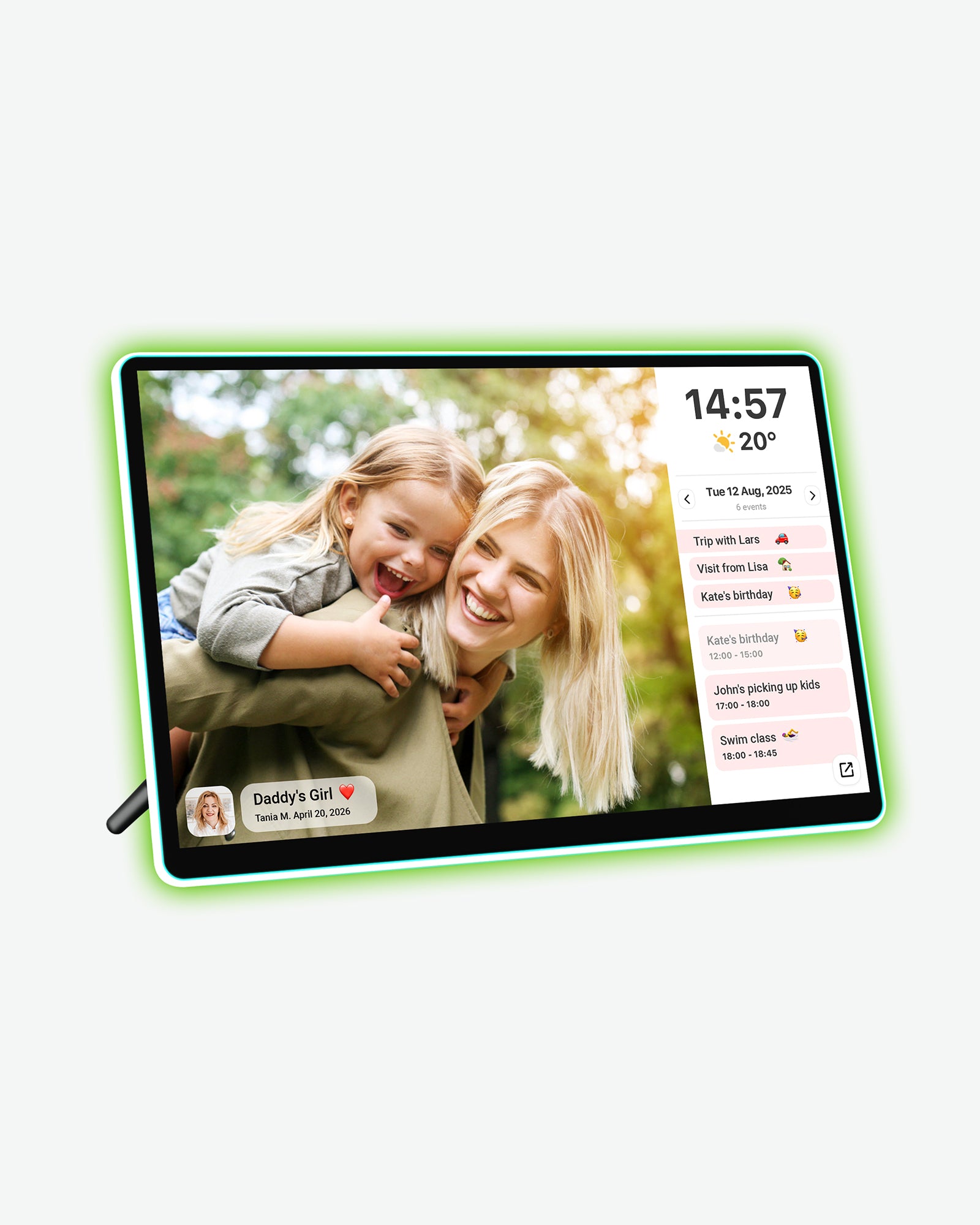 Apolosign 14.1-inch neon light digital photo frame displays a shared family photo with time, temperature and message