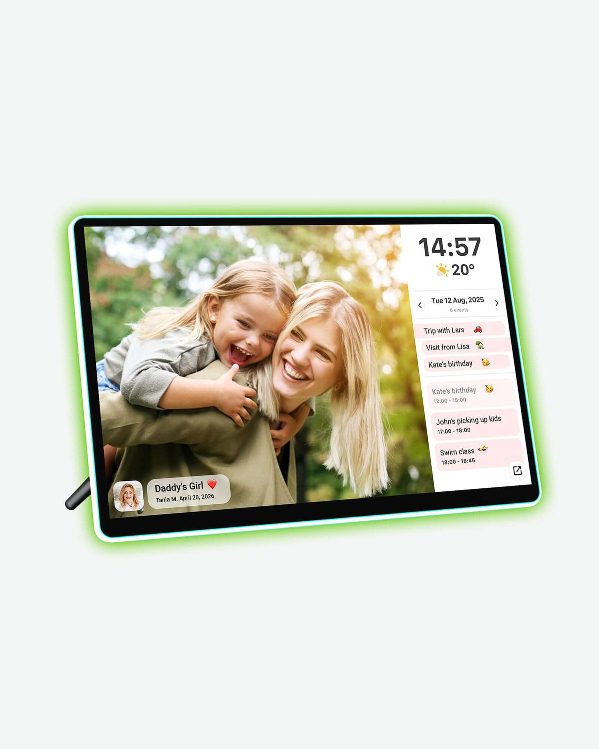 Green-glow neon frame on its stand with a parent-child photo and daily agenda