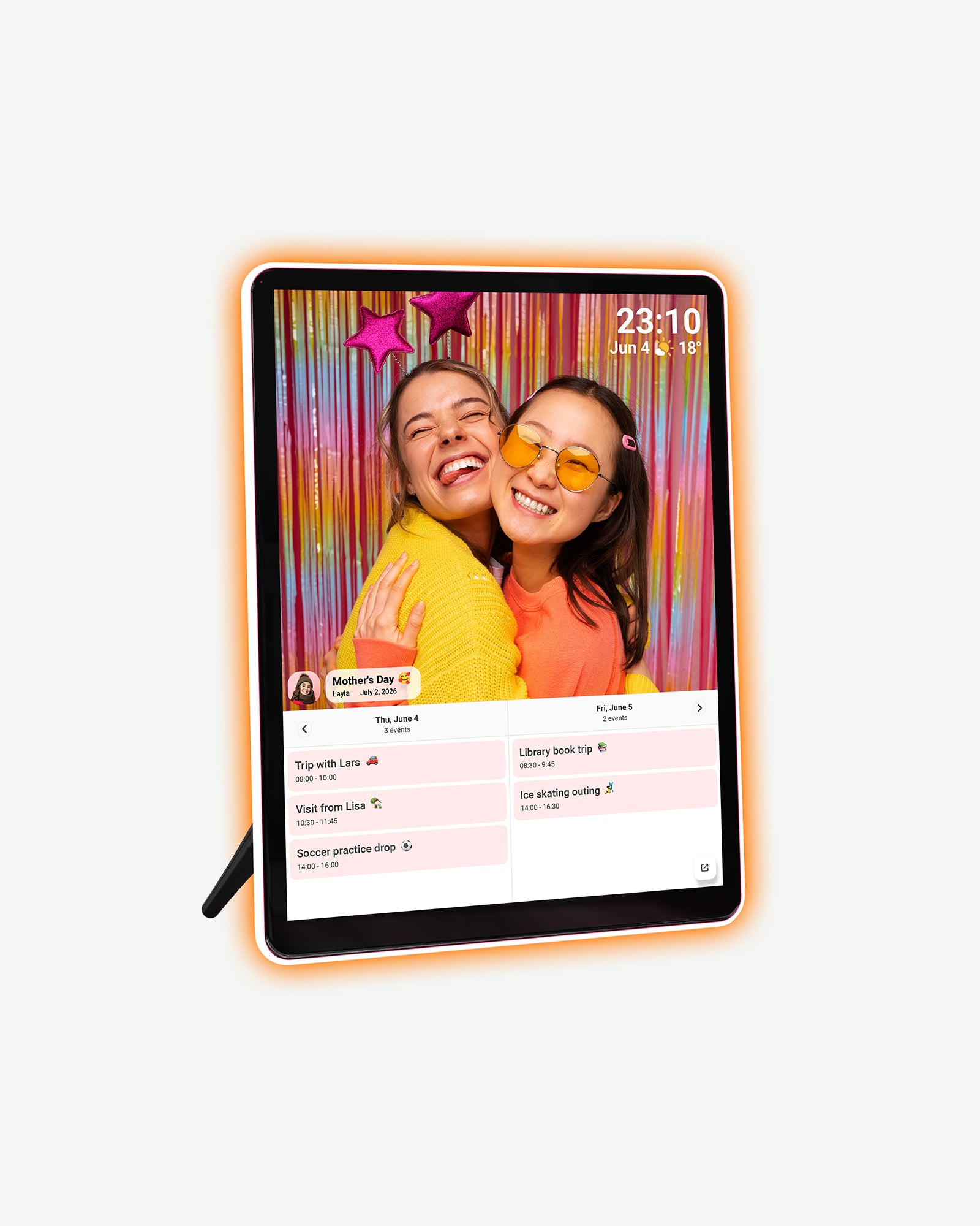 Apolosign 9.7-inch 2K digital photo frame with purple neon light border, displaying personal photos, time, and weather.