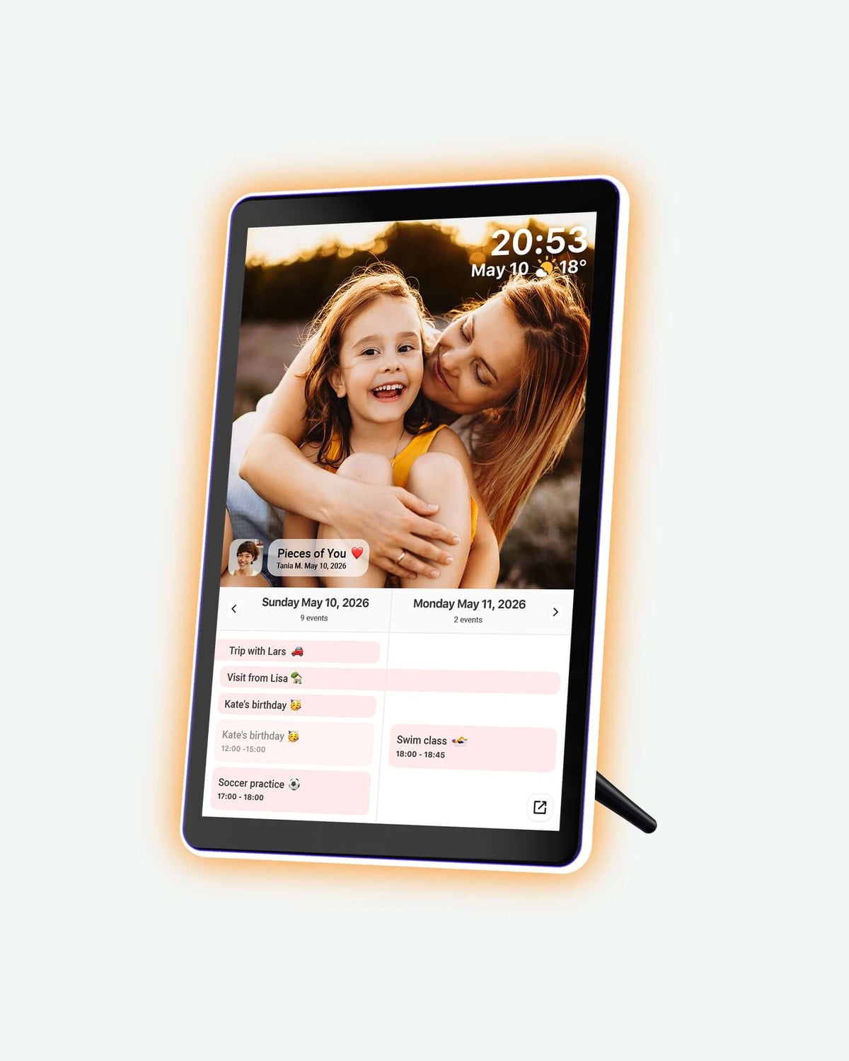 Apolosign 10.1" Neon Light Digital Photo Frame displaying a family photo with calendar features. Perfect Digital Photo Frame.