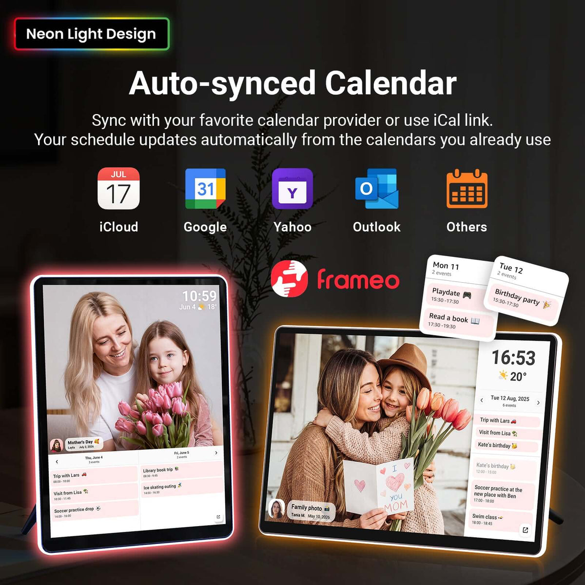 2K neon frame showing a family calendar auto-synced from iCloud, Google, Yahoo and Outlook