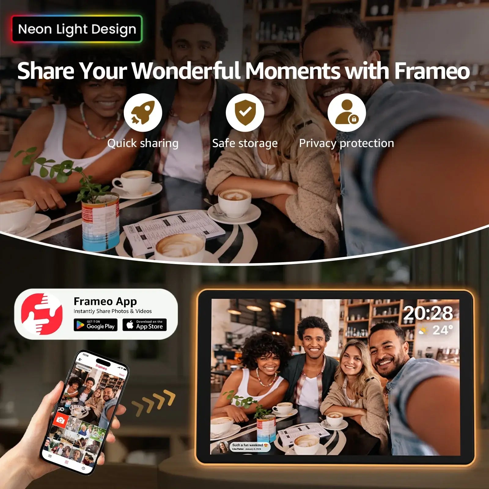 Apolosign 10.1" Neon Digital Photo Frame – AI Color Lighting