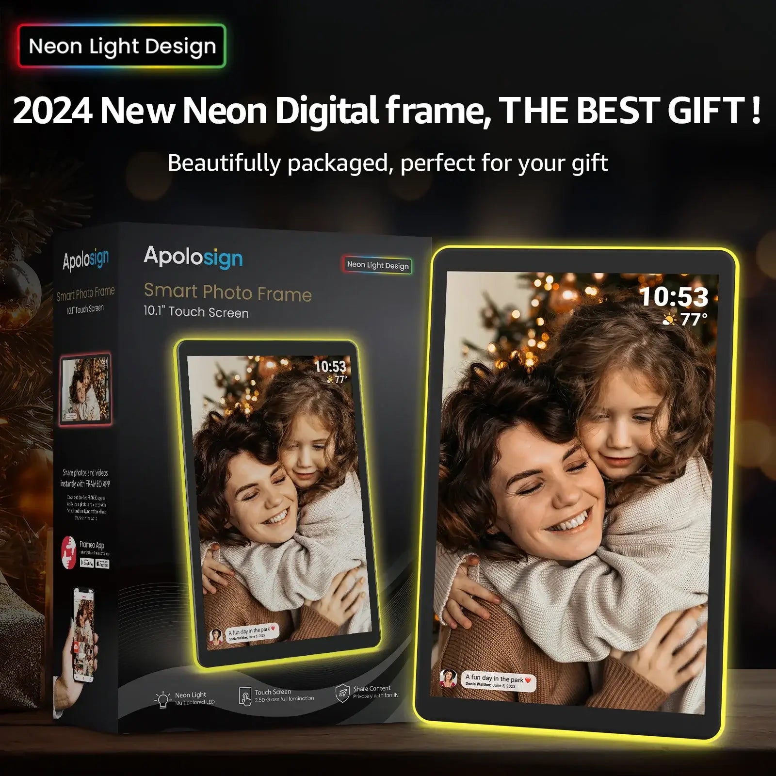 Apolosign 10.1" Neon Digital Photo Frame – AI Color Lighting