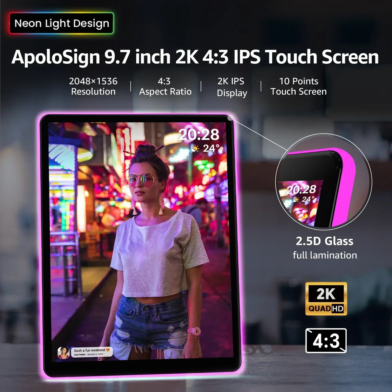 Apolosign 10" Neon Digital Photo Frame – AI Color Lighting