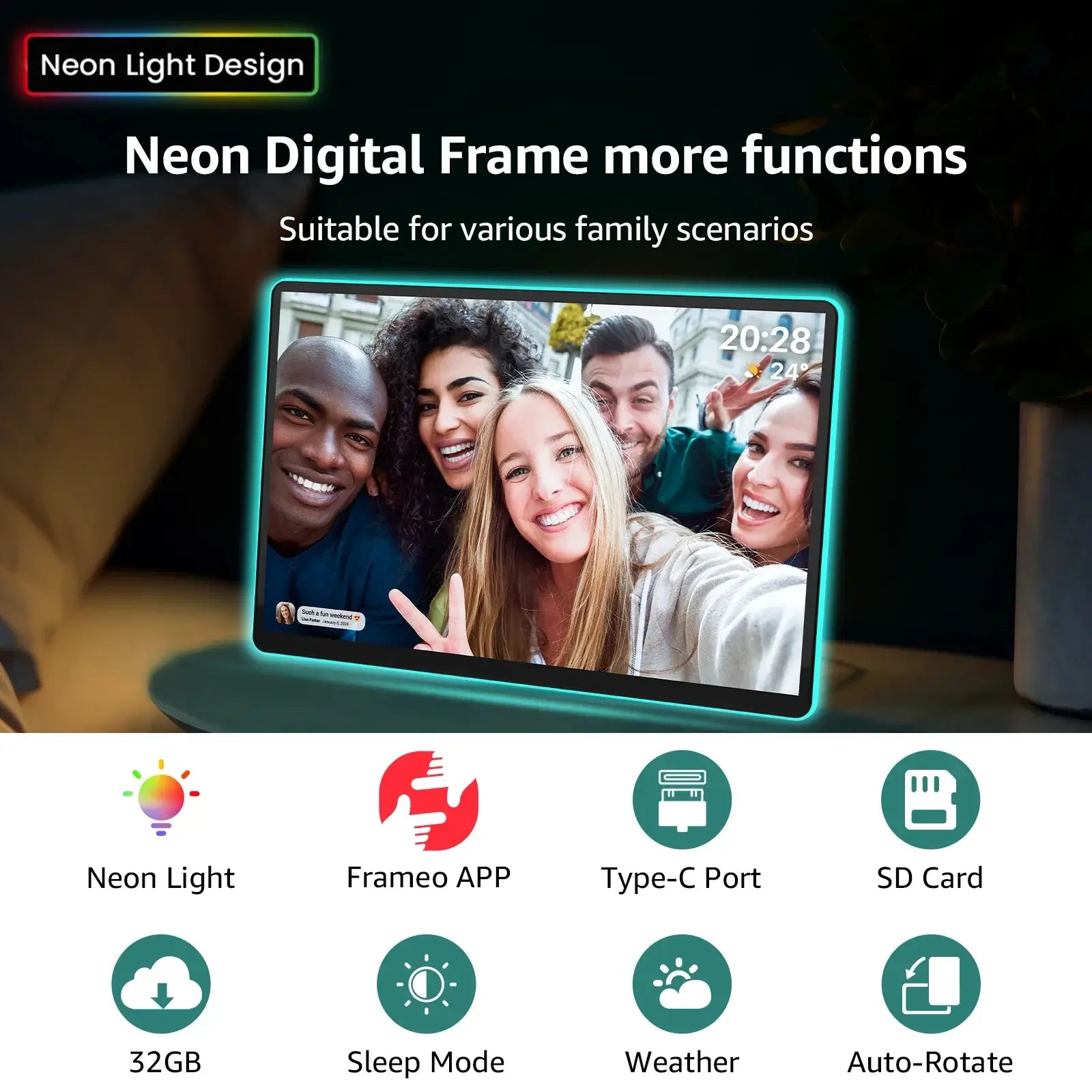 Apolosign 14.1" Neon Digital Photo Frame – AI Color Lighting