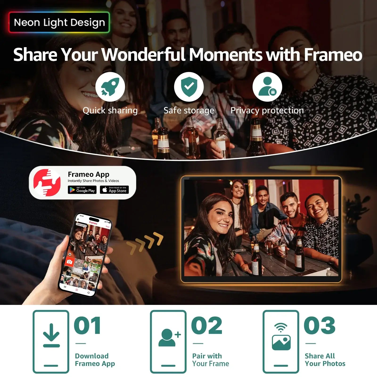 Apolosign 14.1" Neon Digital Photo Frame – AI Color Lighting