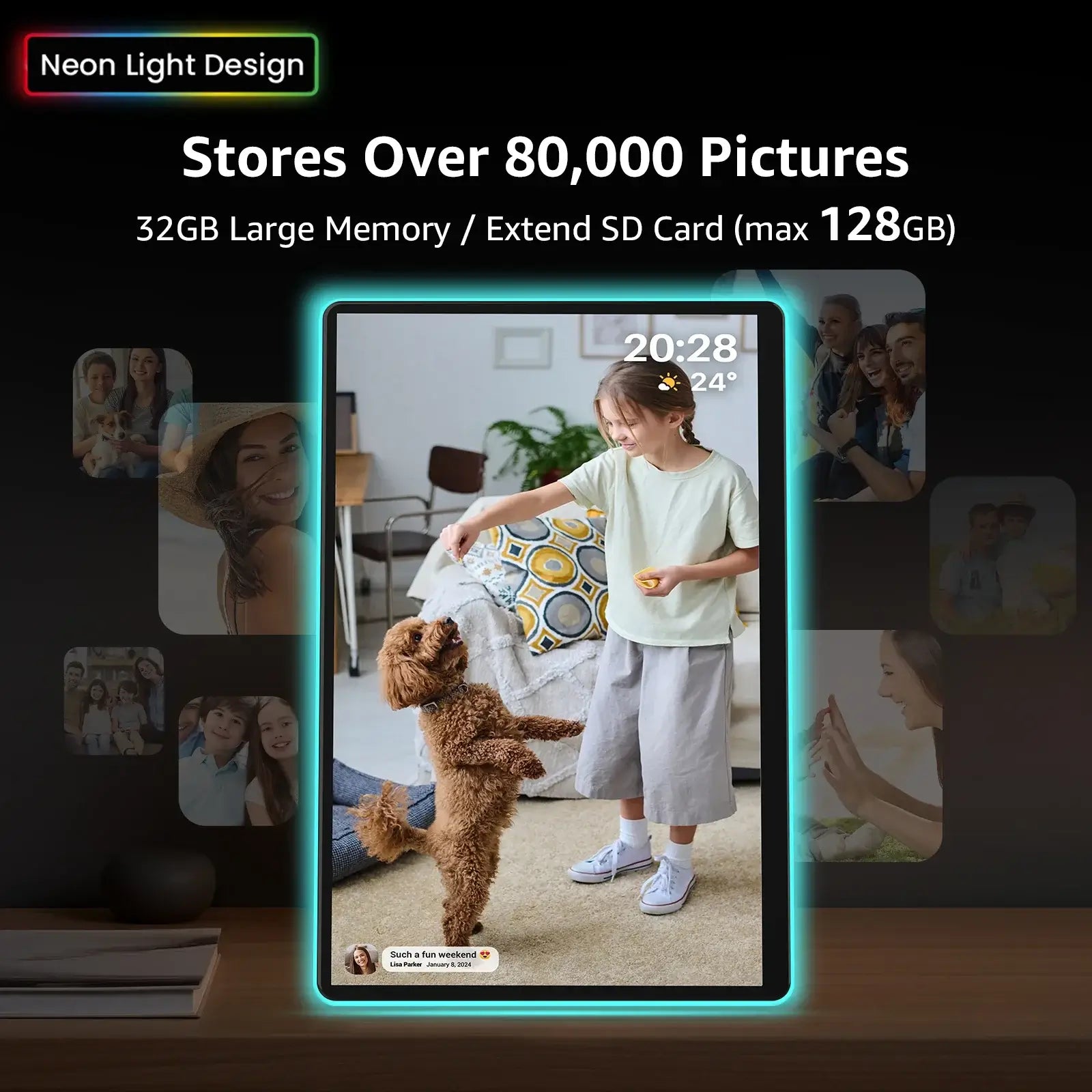 Apolosign 14.1" Neon Digital Photo Frame – AI Color Lighting
