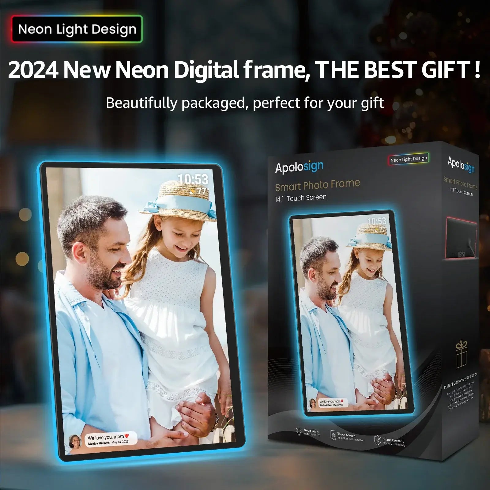 Apolosign 14.1" Neon Digital Photo Frame – AI Color Lighting
