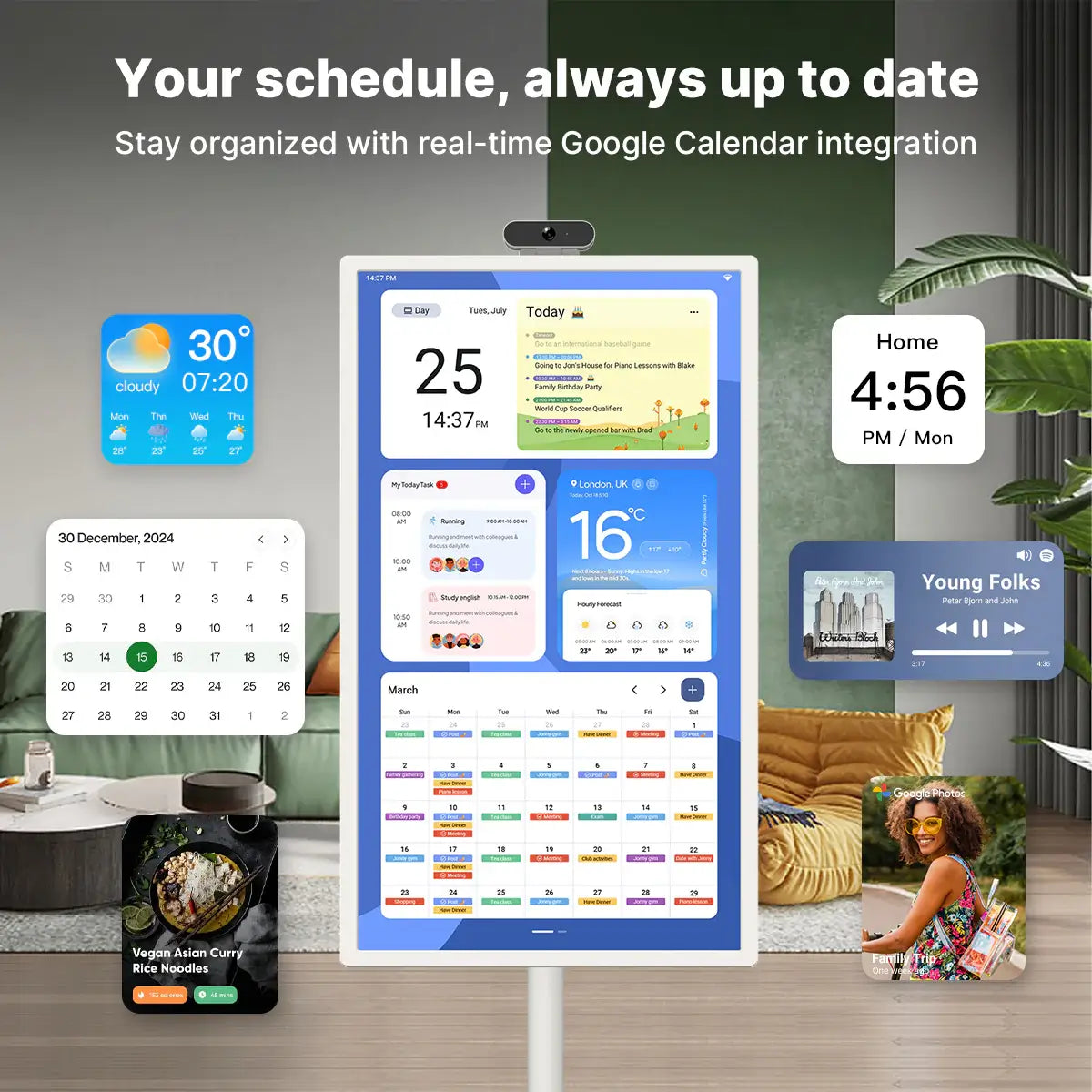 Image showcasing a digital calendar display with Google Calendar integration, featuring weather, time, and schedules.