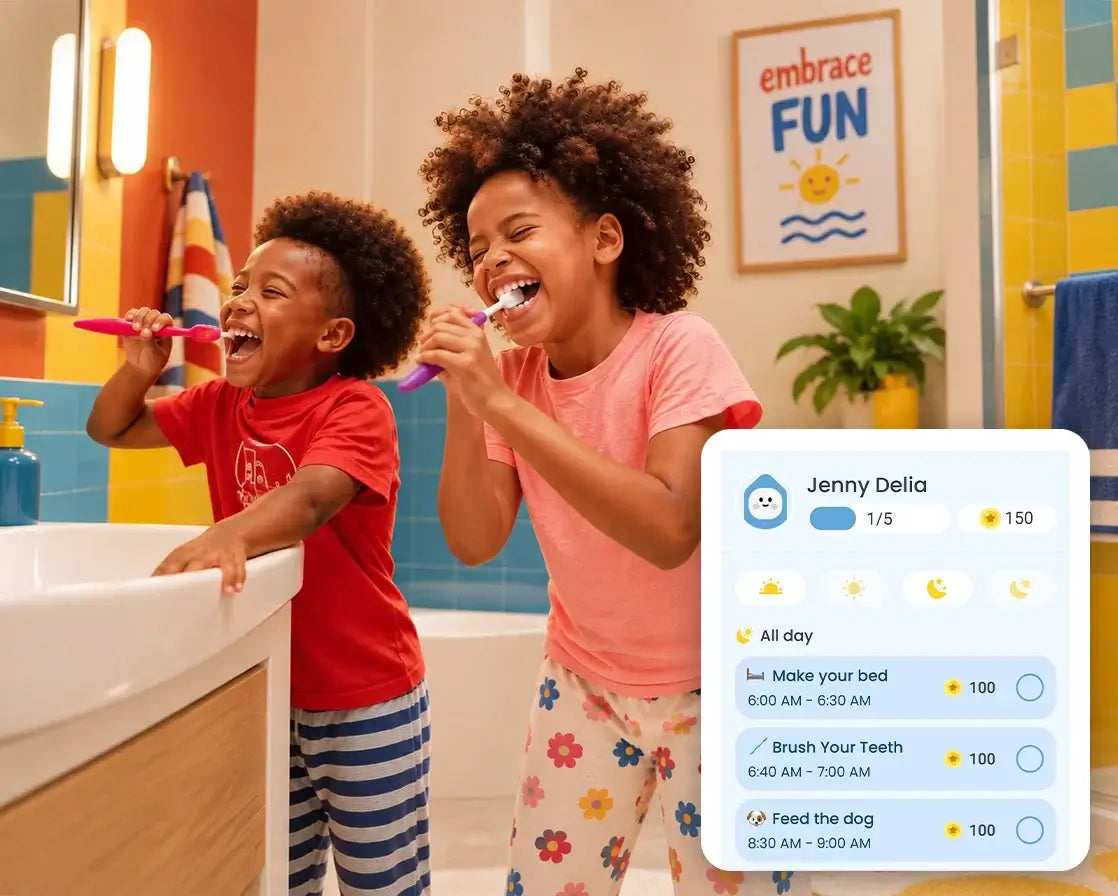 Two children brushing their teeth in a bathroom, with a Digital Calendar app overlay showing their morning routine tasks and reward points.