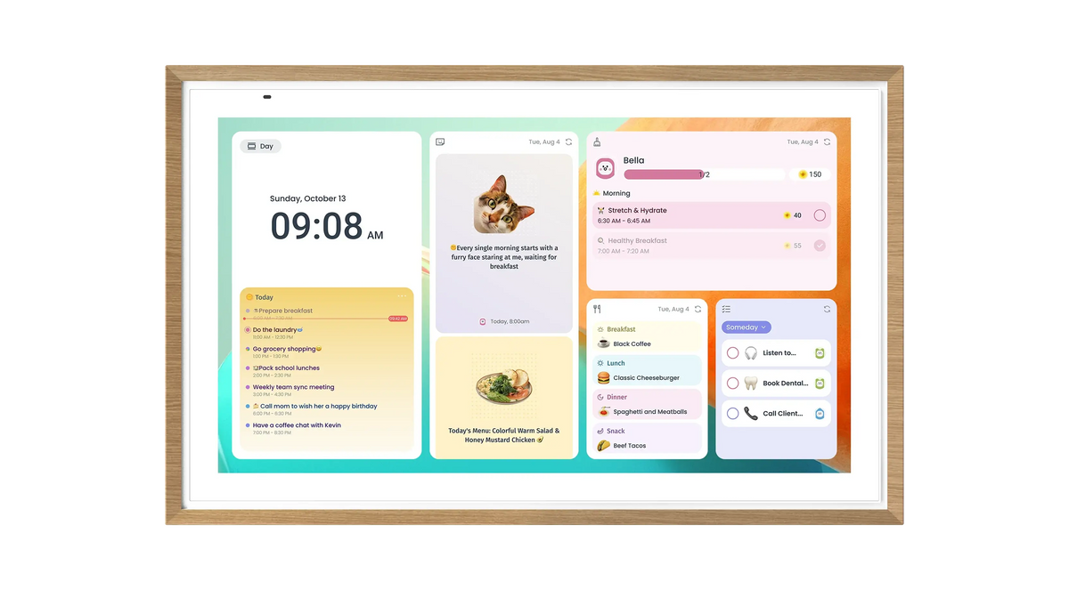 A wall-mounted Digital Calendar display showing a daily schedule, sticky notes, meal plans, routines, and to-do lists for the family.