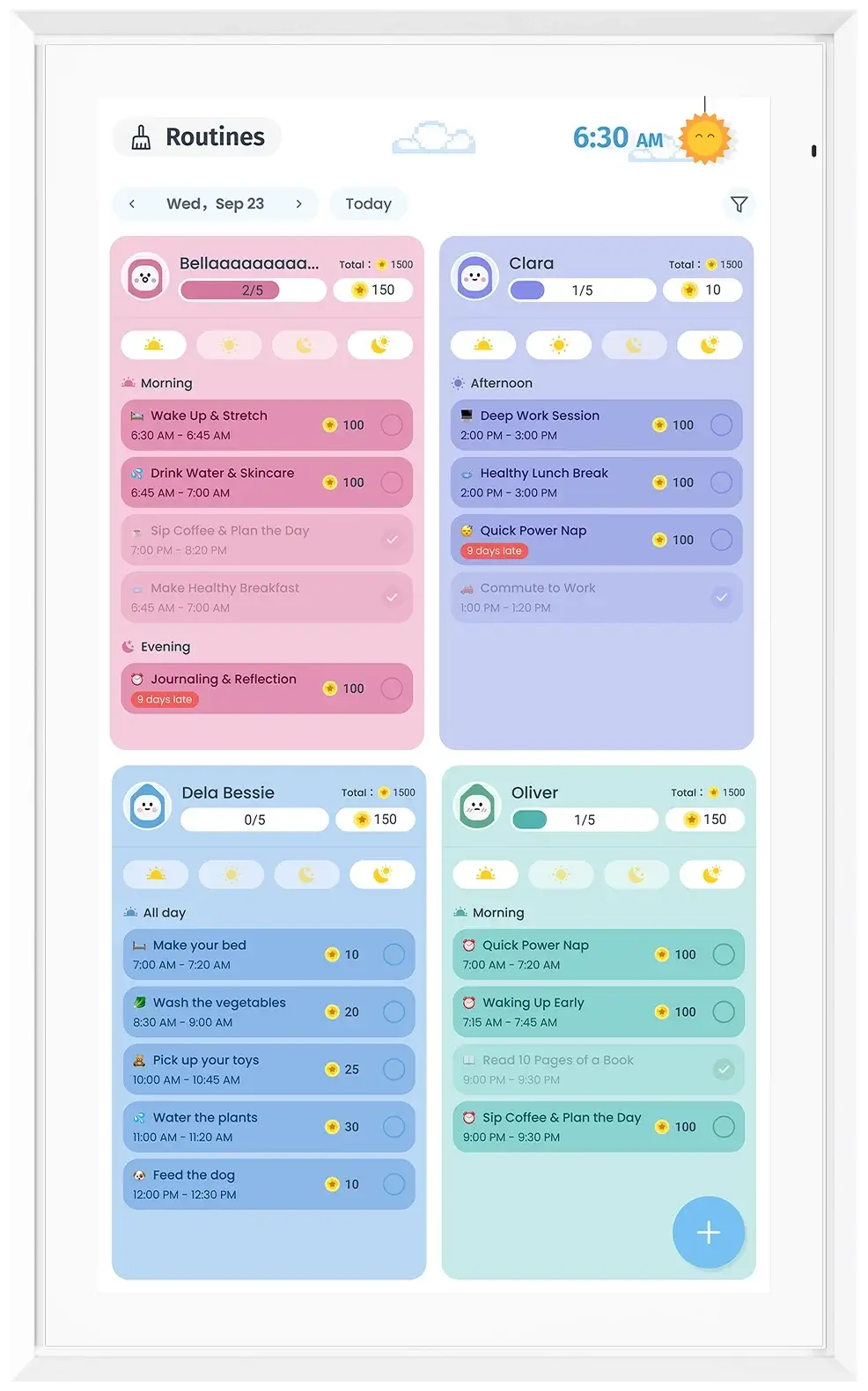 Apolosign Calendar Routines screen showing family chores, daily habits, completion progress and reward points.
