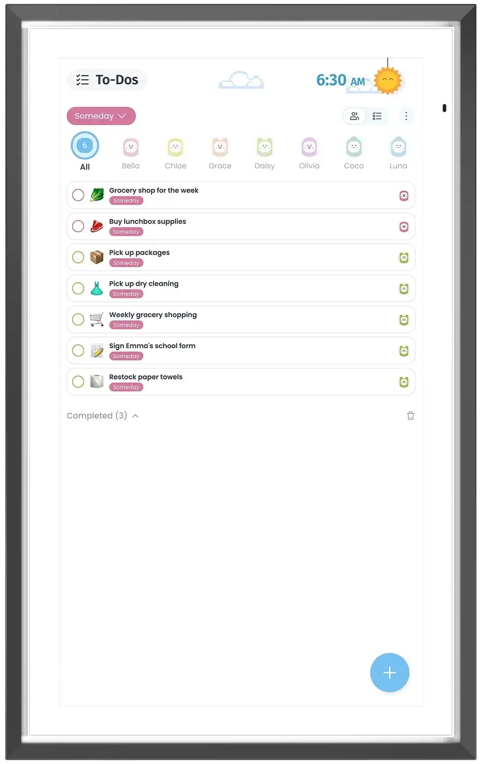 Apolosign Calendar To-Dos screen showing shared grocery shopping, errands and family tasks.
