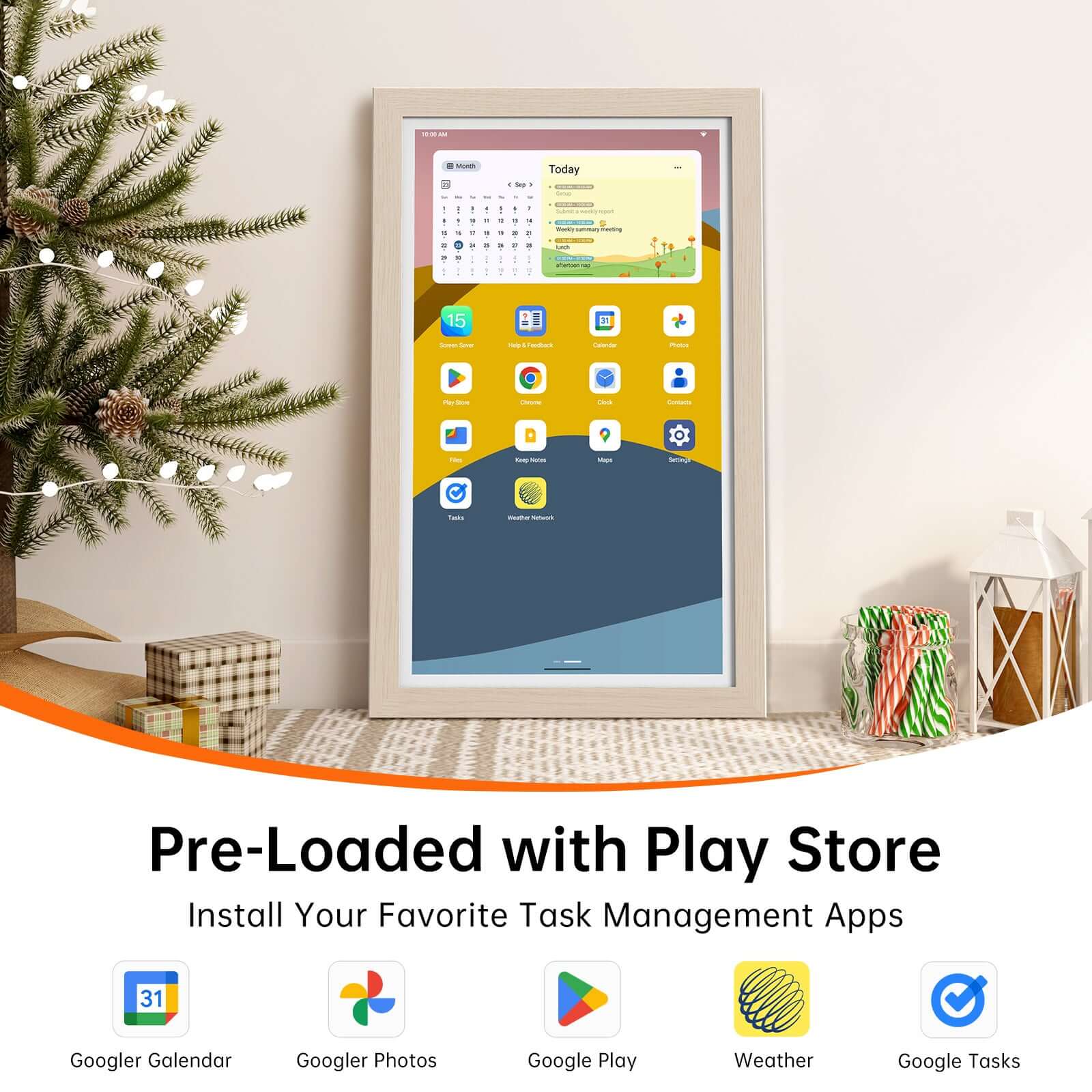 15.6 inch smart digital calendar with light wood frame, showing customizable interface with agenda, calendar, and app icons.