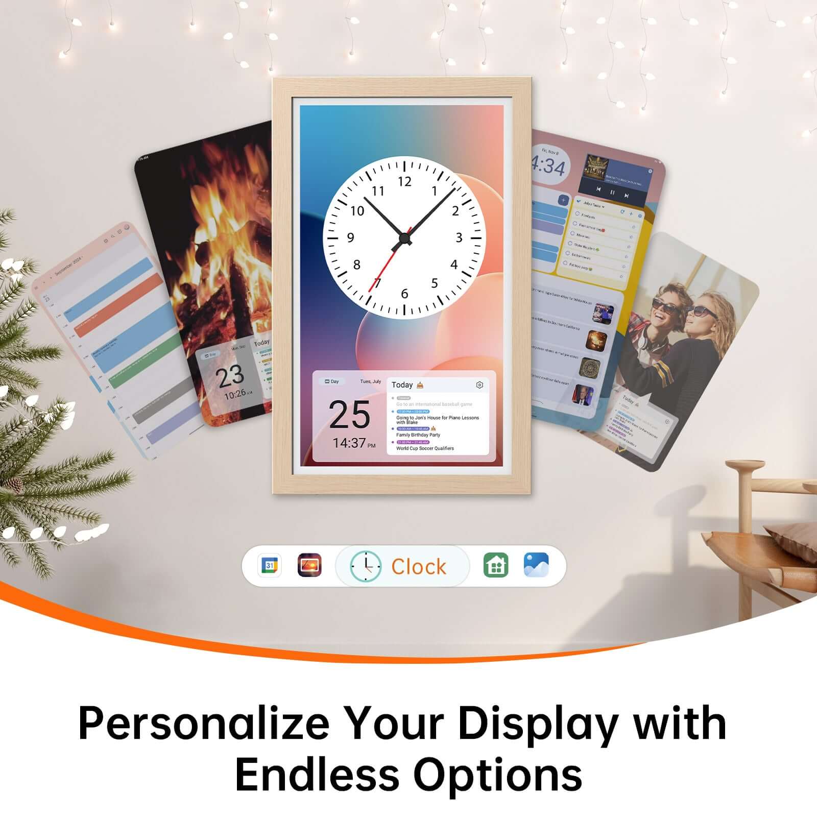 Smart digital calendar display with clock, calendar, fireplace, photo widgets. Customizable. Page: product detail.
