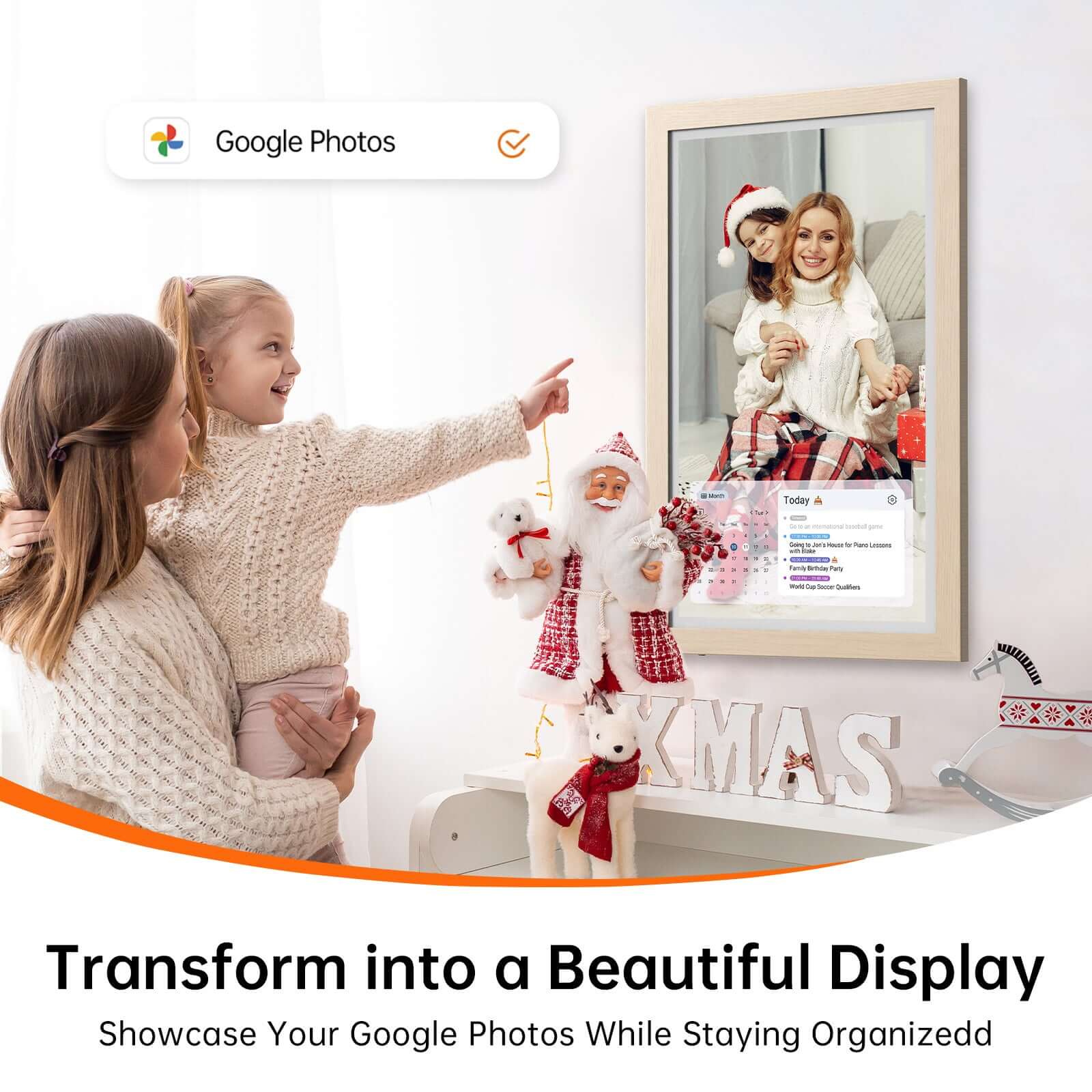 Apolosign smart family digital calendar clock with light wood frame, showing a family photo and a 'Today's agenda'.