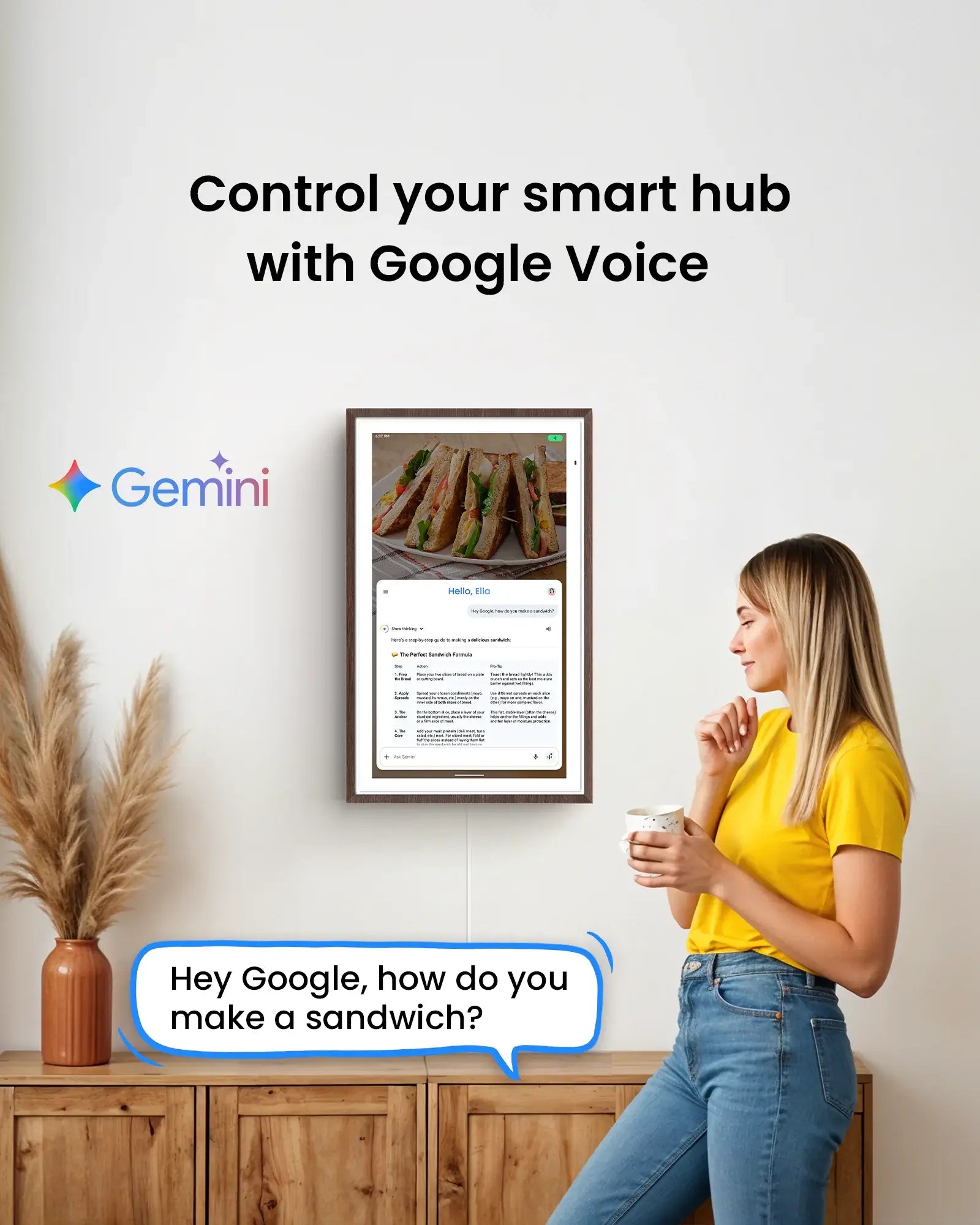 Woman uses Apolosign 27" 4K digital calendar voice control to find sandwich recipe.